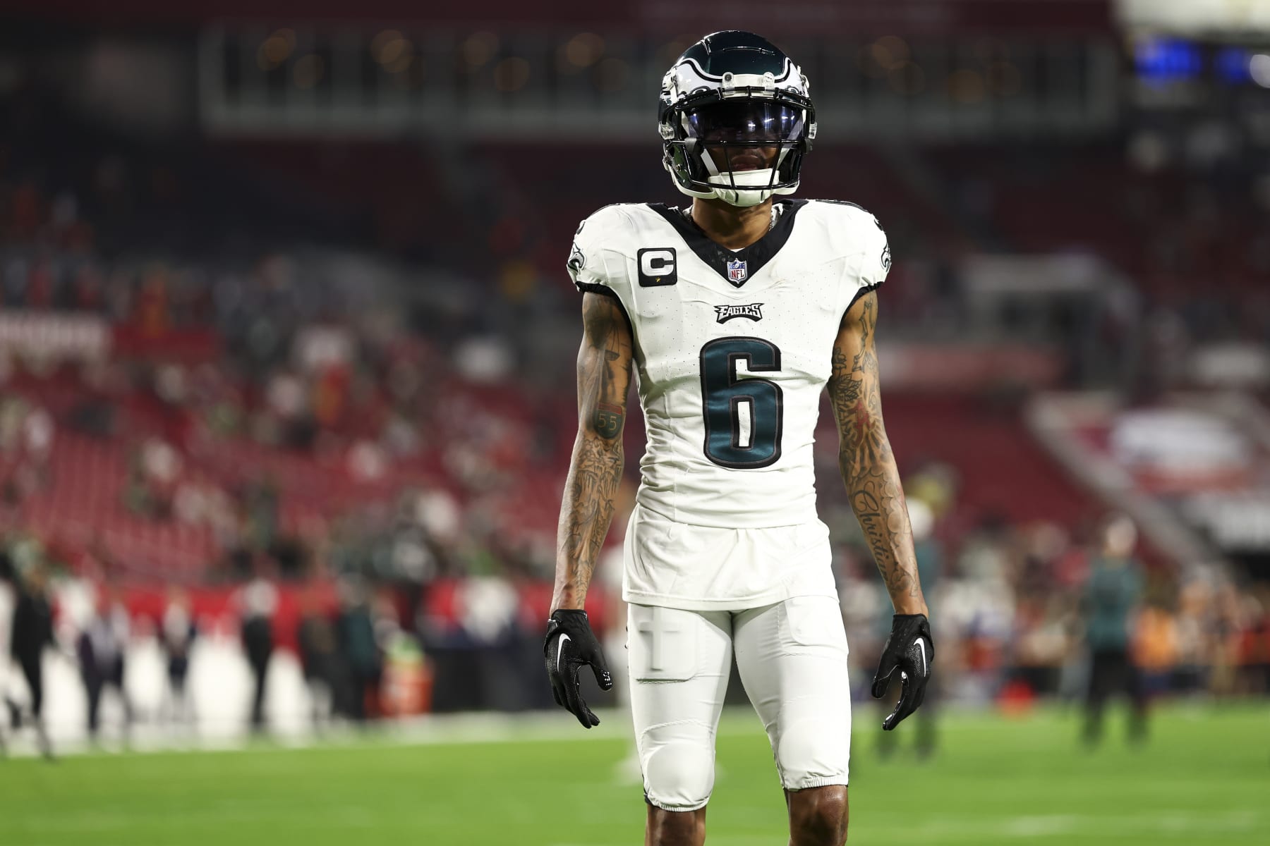 TAMPA, FL - JANUARY 15: DeVonta Smith #6 of the Philadelphia Eagles stands on the field prior to an NFL wild-card playoff football game against the Tampa Bay Buccaneers at Raymond James Stadium on January 15, 2024 in Tampa, Florida. (Photo by Kevin Sabitus/Getty Images)