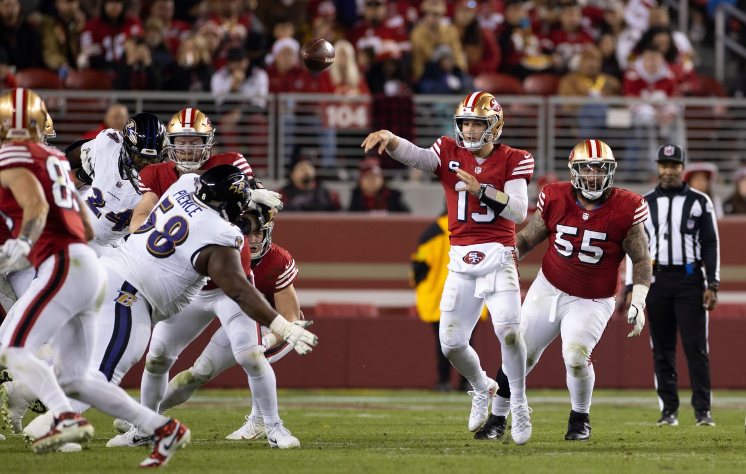 SANTA CLARA, CA - DECEMBER 25: Brock Purdy #13 of the San Francisco 49ers passes during the game against the Baltimore Ravens at Levi's Stadium on December 25, 2023 in Santa Clara, California. The Ravens defeated the 49ers 33-19. (Photo by Michael Zagaris/San Francisco 49ers/Getty Images)