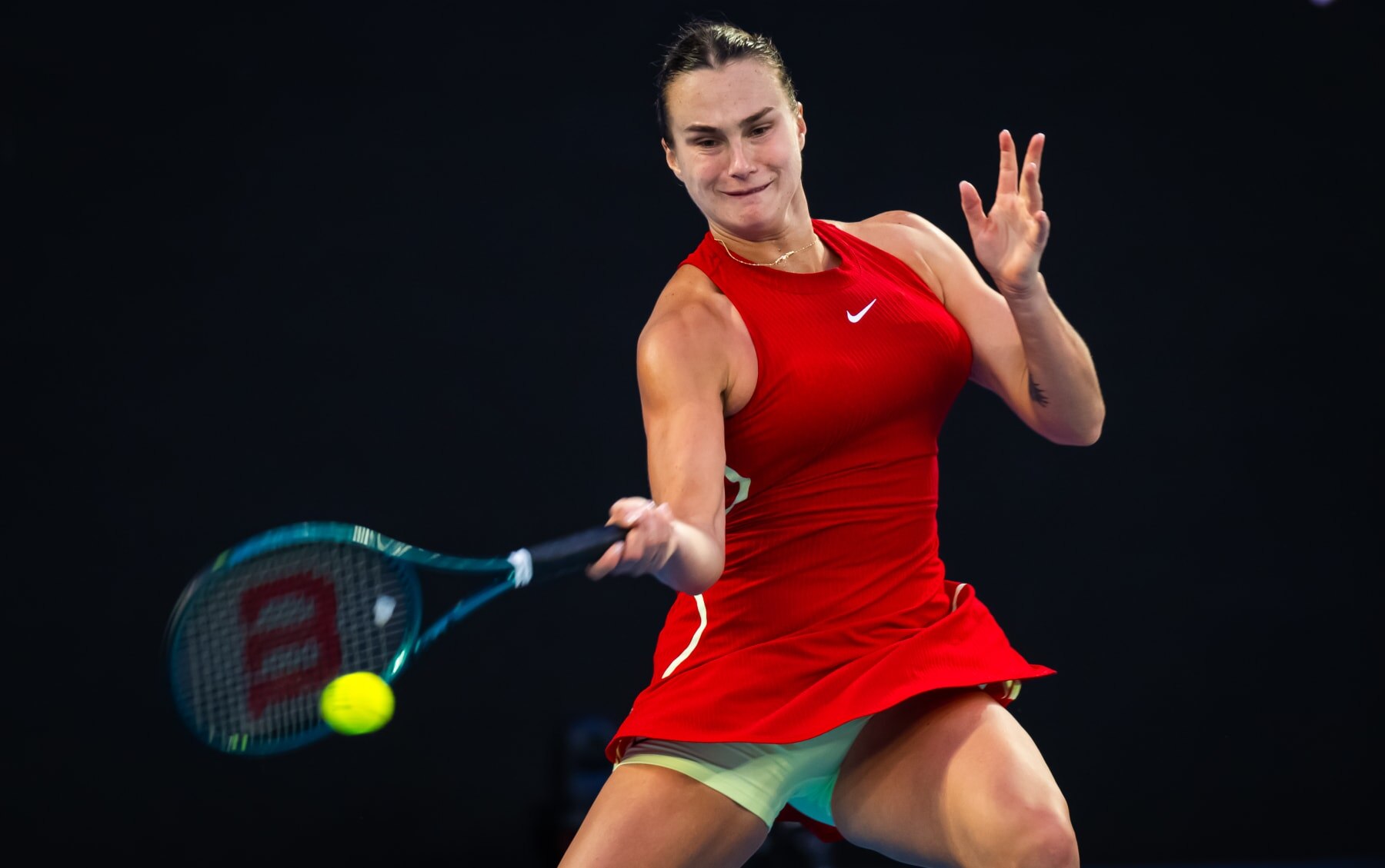 MELBOURNE, AUSTRALIA - JANUARY 17: Aryna Sabalenka in action against Brenda Fruhvirtova of the Czech Republic in the second round on Day 4 of the 2024 Australian Open at Melbourne Park on January 17, 2024 in Melbourne, Australia (Photo by Robert Prange/Getty Images)