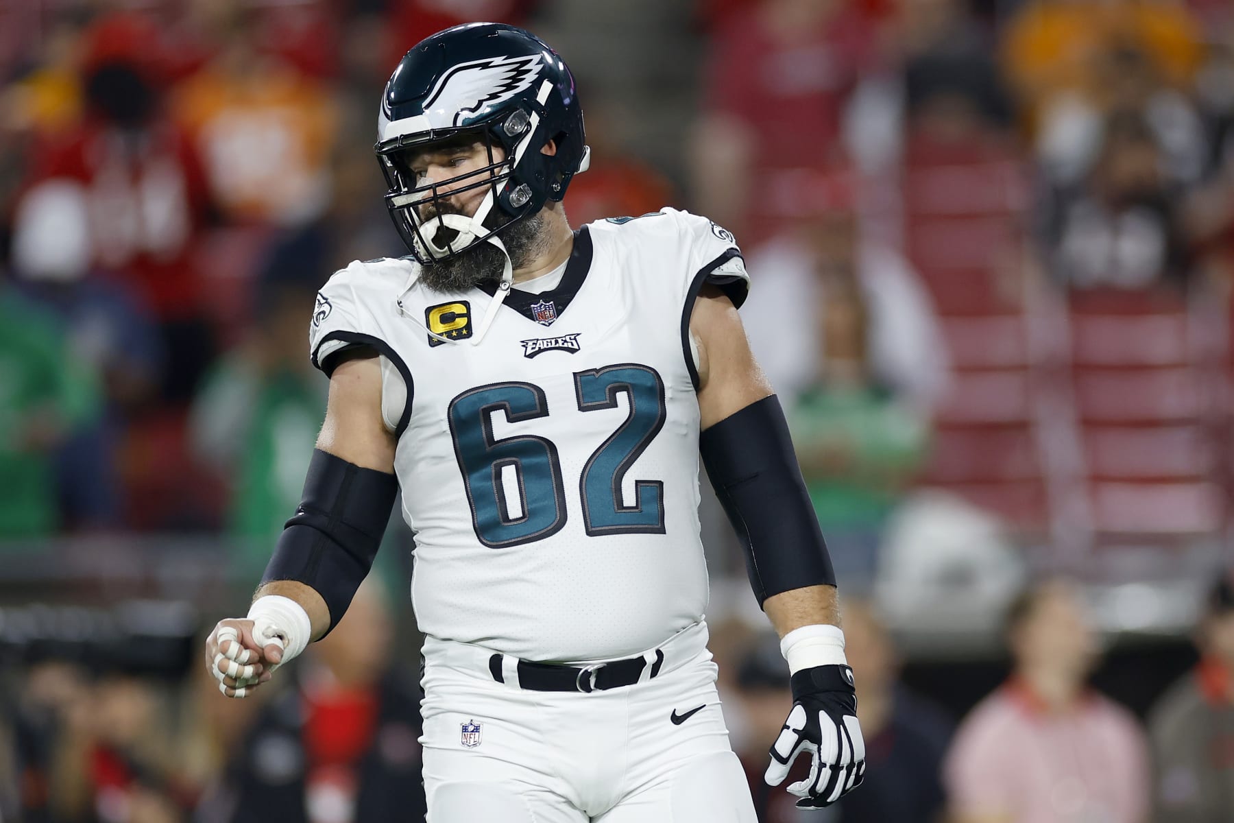 TAMPA, FLORIDA - JANUARY 15: Jason Kelce #62 of the Philadelphia Eagles warms up prior to the NFC Wild Card Playoffs against the Tampa Bay Buccaneers at Raymond James Stadium on January 15, 2024 in Tampa, Florida. (Photo by Mike Ehrmann/Getty Images)