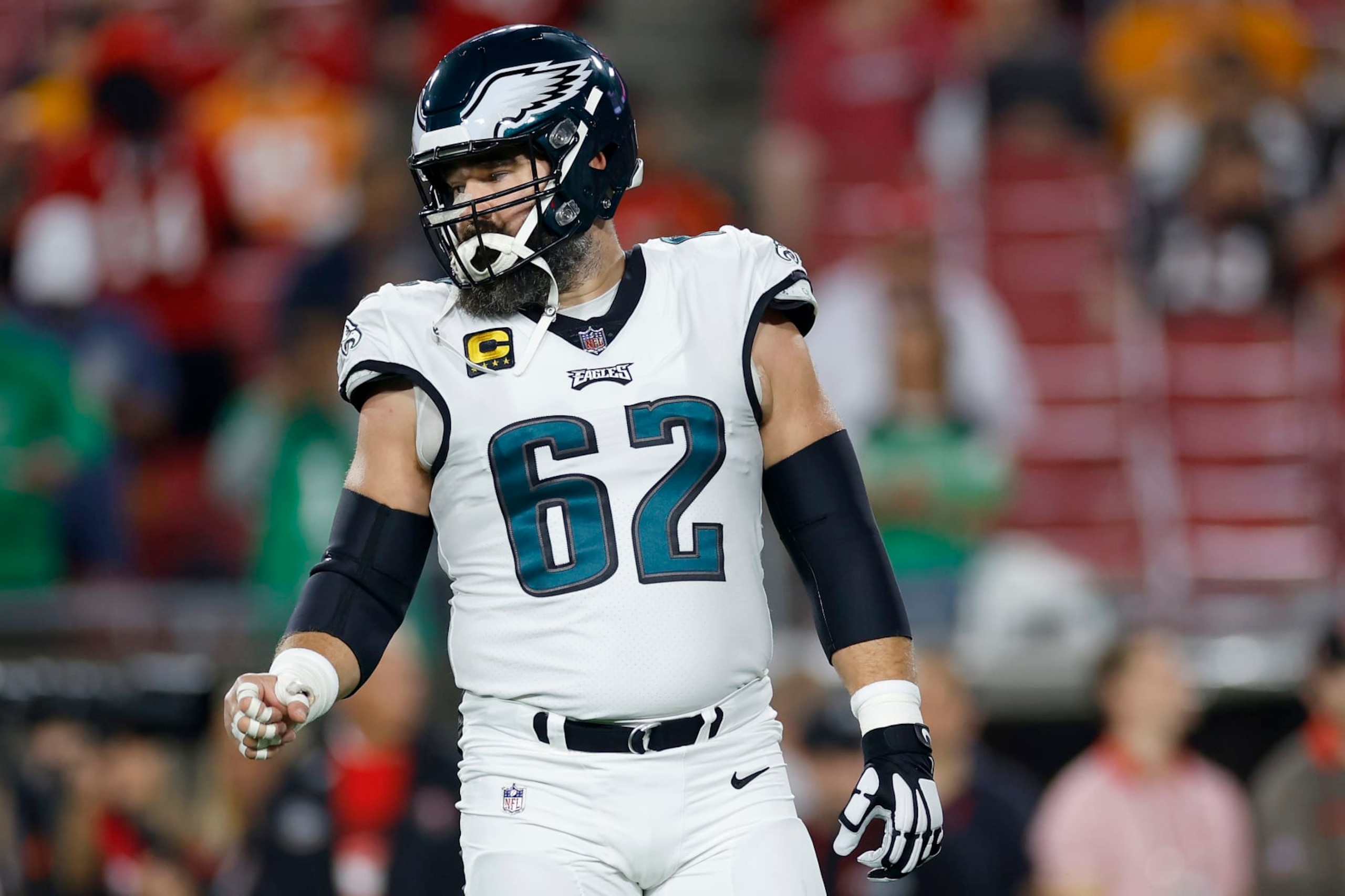 TAMPA, FLORIDA - JANUARY 15: Jason Kelce #62 of the Philadelphia Eagles warms up prior to the NFC Wild Card Playoffs against the Tampa Bay Buccaneers at Raymond James Stadium on January 15, 2024 in Tampa, Florida. (Photo by Mike Ehrmann/Getty Images)