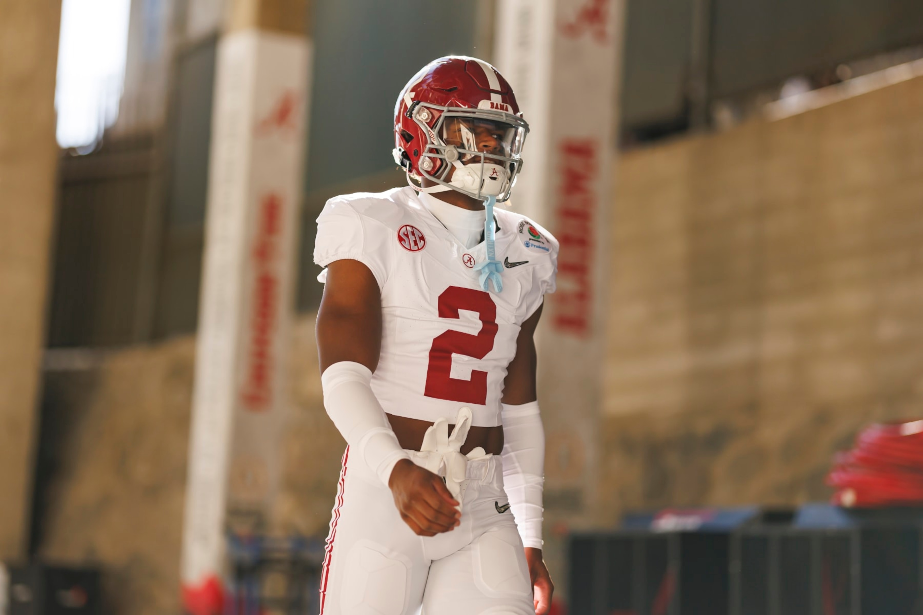PASADENA, CALIFORNIA - JANUARY 01: Defensive back Caleb Downs #2 of the Alabama Crimson Tide walks to the field before the CFP Semifinal Rose Bowl Game against the Michigan Wolverines at Rose Bowl Stadium on January 1, 2024 in Pasadena, California. (Photo by Ryan Kang/Getty Images) PASADENA, CALIFORNIA - JANUARY 01: Defensive back Caleb Downs #2 of the Alabama Crimson Tide walks to the field before the CFP Semifinal Rose Bowl Game against the Michigan Wolverines at Rose Bowl Stadium on January 1, 2024 in Pasadena, California. (Photo by Ryan Kang/Getty Images)
