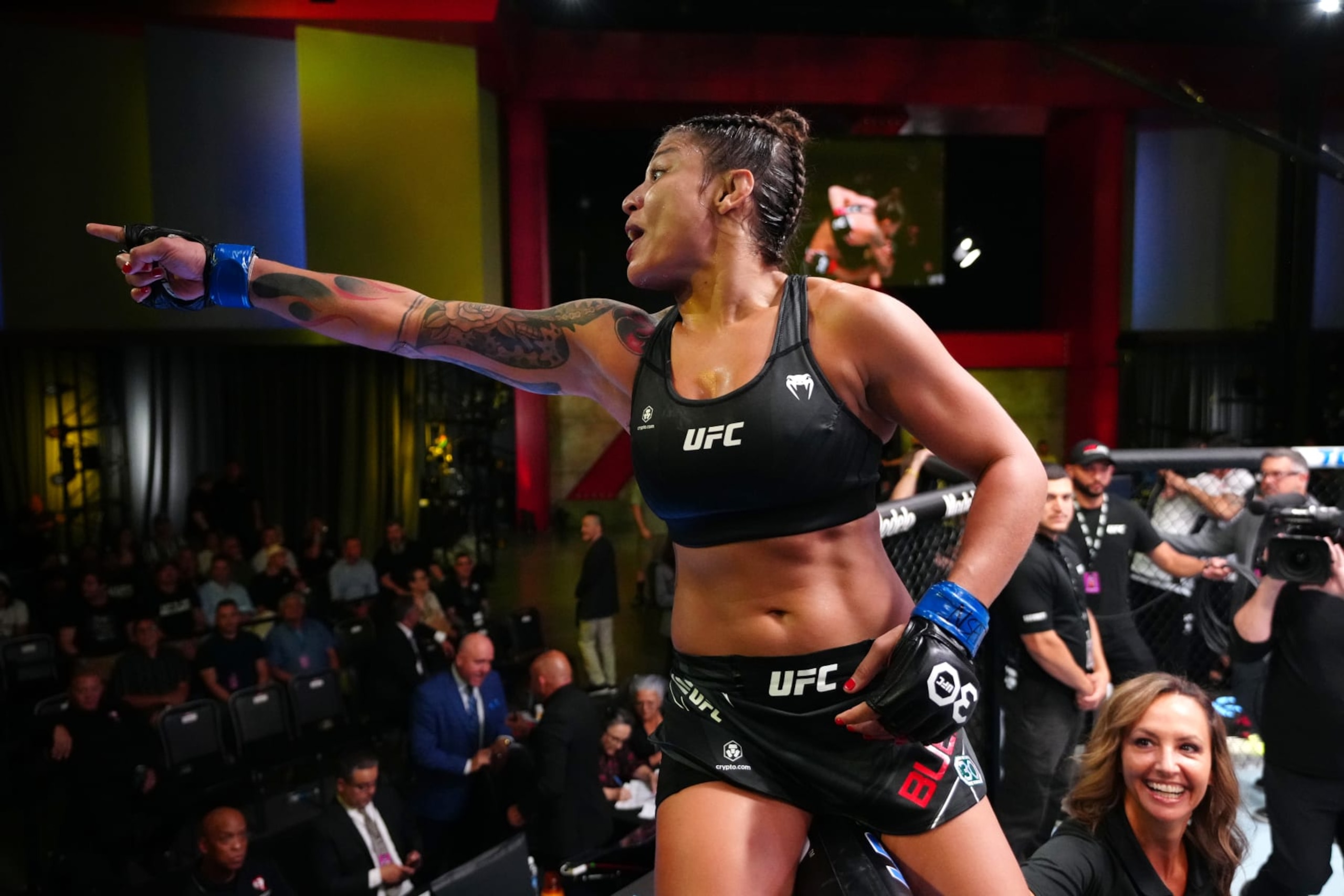 Mayra Bueno Silva of Brazil reacts after submitting Holly Holm.