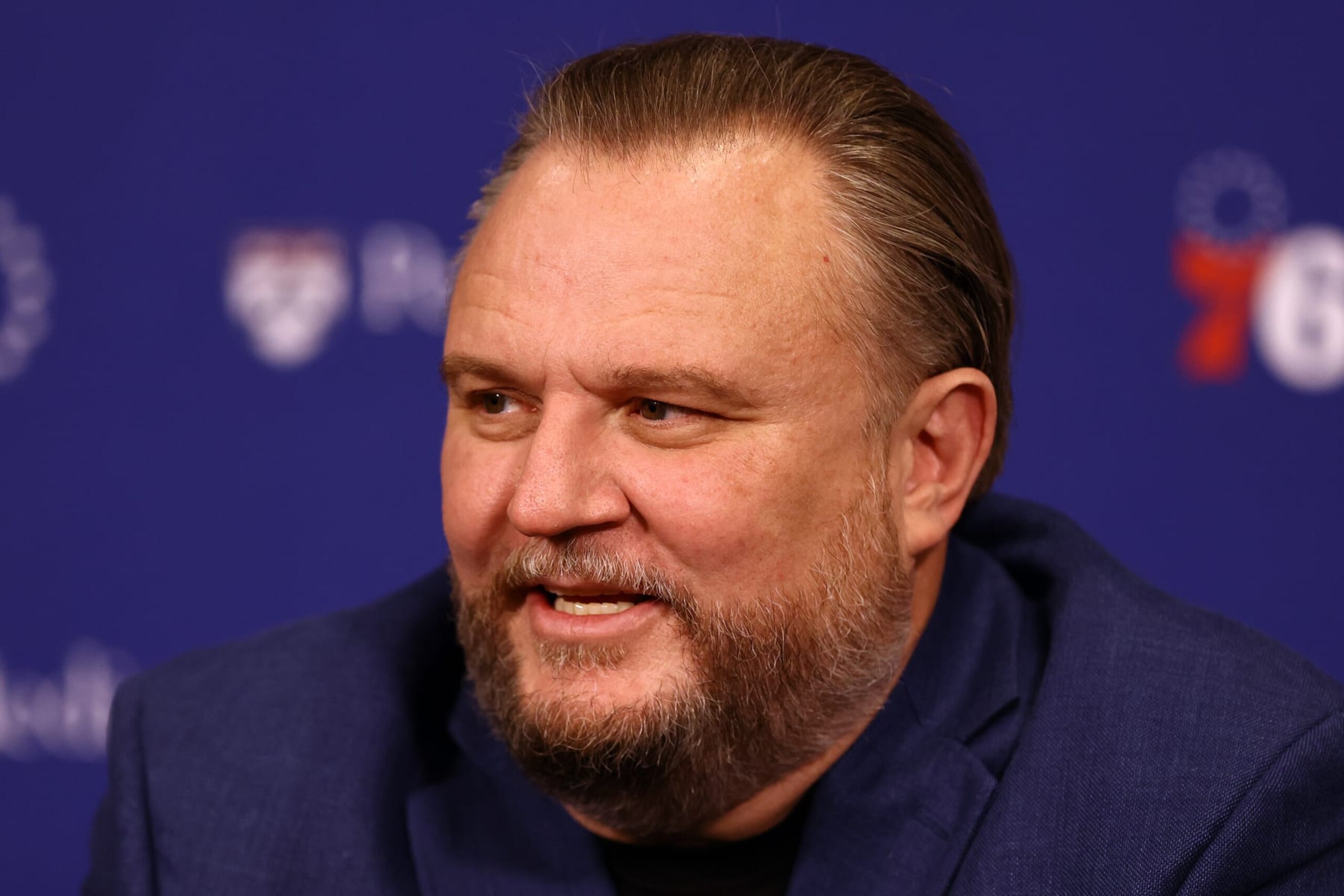 PHILADELPHIA, PENNSYLVANIA - DECEMBER 15: President of basketball operations Daryl Morey participates in a press conference before a game between the Philadelphia Flyers and the Washington Capitals at the Wells Fargo Center on December 15, 2023 in Philadelphia, Pennsylvania. NOTE TO USER: User expressly acknowledges and agrees that, by downloading and or using this photograph, User is consenting to the terms and conditions of the Getty Images License Agreement. (Photo by Tim Nwachukwu/Getty Images)