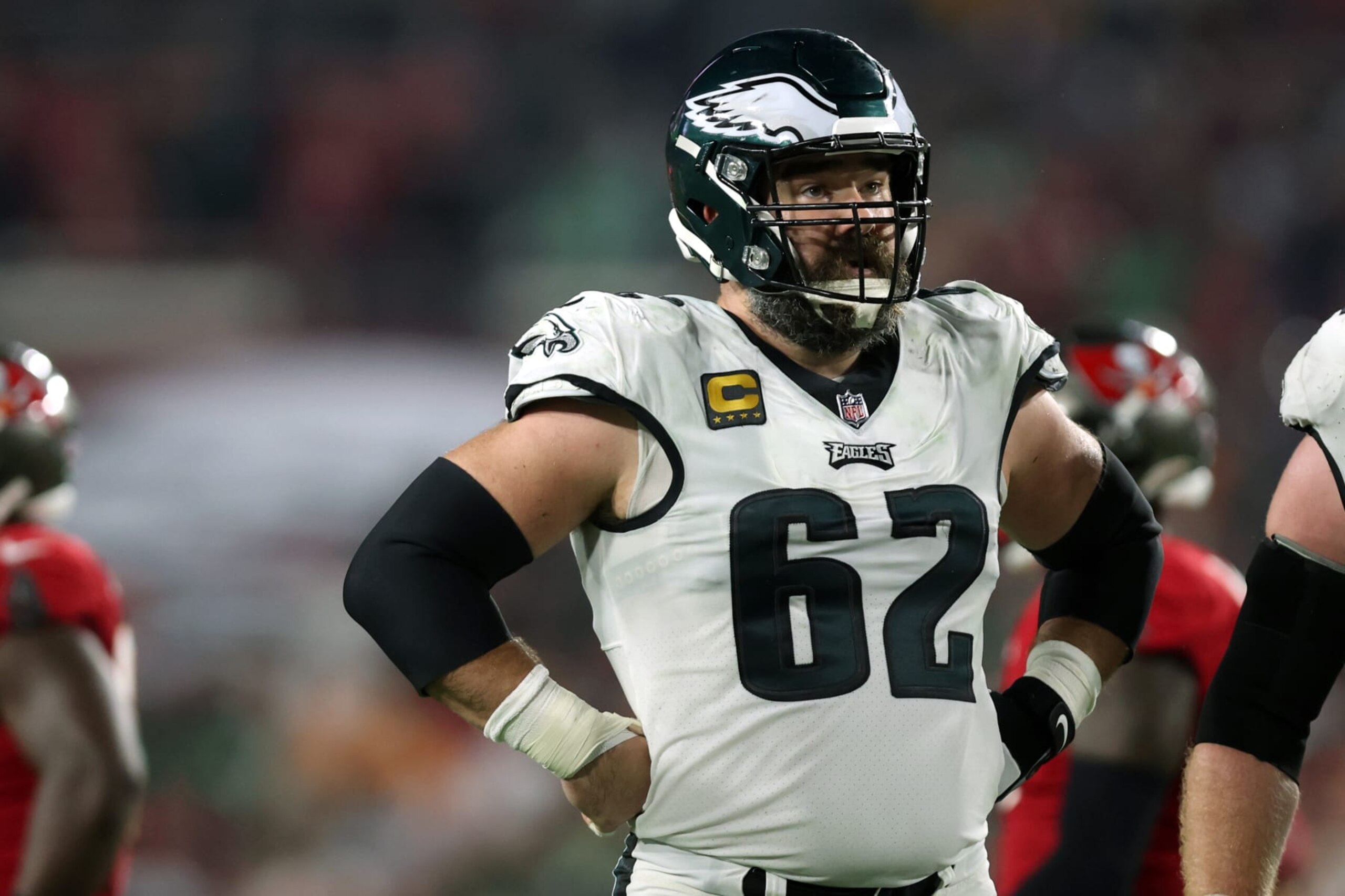 TAMPA, FL - January 15: Jason Kelce #62 of the Philadelphia Eagles stands on the field during the first half NFC Wild Card playoff game against the Tampa Bay Buccaneers at Raymond James Stadium on January 15, 2024 in Tampa, Florida. (Photo by Perry Knotts/Getty Images)