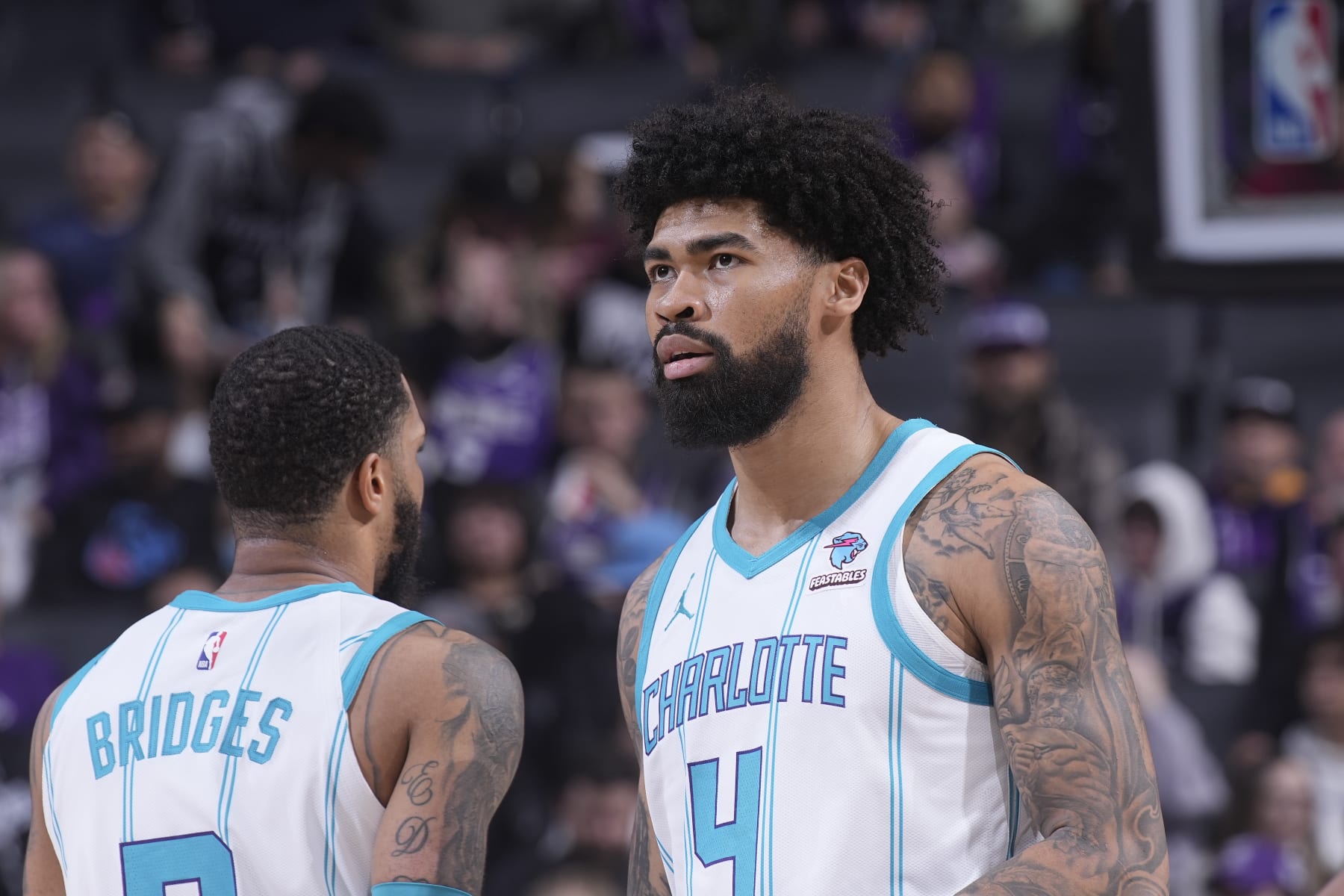 SACRAMENTO, CA - JANUARY 2: Nick Richards #4 of the Charlotte Hornets looks on during the game against the Sacramento Kings on January 2, 2024 at Golden 1 Center in Sacramento, California. NOTE TO USER: User expressly acknowledges and agrees that, by downloading and or using this photograph, User is consenting to the terms and conditions of the Getty Images Agreement. Mandatory Copyright Notice: Copyright 2024 NBAE (Photo by Rocky Widner/NBAE via Getty Images)