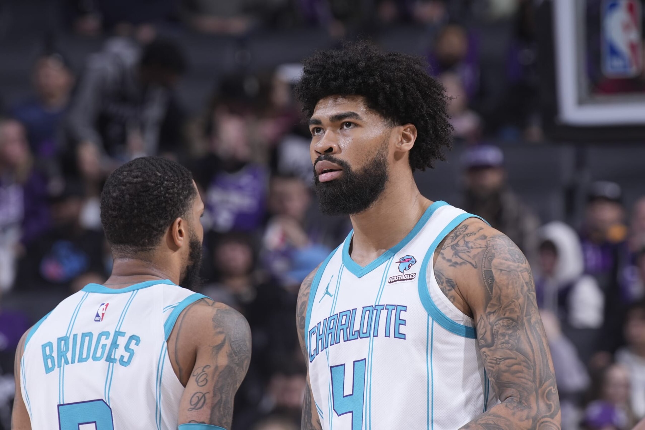 SACRAMENTO, CA - JANUARY 2: Nick Richards #4 of the Charlotte Hornets looks on during the game against the Sacramento Kings on January 2, 2024 at Golden 1 Center in Sacramento, California. NOTE TO USER: User expressly acknowledges and agrees that, by downloading and or using this photograph, User is consenting to the terms and conditions of the Getty Images Agreement. Mandatory Copyright Notice: Copyright 2024 NBAE (Photo by Rocky Widner/NBAE via Getty Images) SACRAMENTO, CA - JANUARY 2: Nick Richards #4 of the Charlotte Hornets looks on during the game against the Sacramento Kings on January 2, 2024 at Golden 1 Center in Sacramento, California. NOTE TO USER: User expressly acknowledges and agrees that, by downloading and or using this photograph, User is consenting to the terms and conditions of the Getty Images Agreement. Mandatory Copyright Notice: Copyright 2024 NBAE (Photo by Rocky Widner/NBAE via Getty Images)
