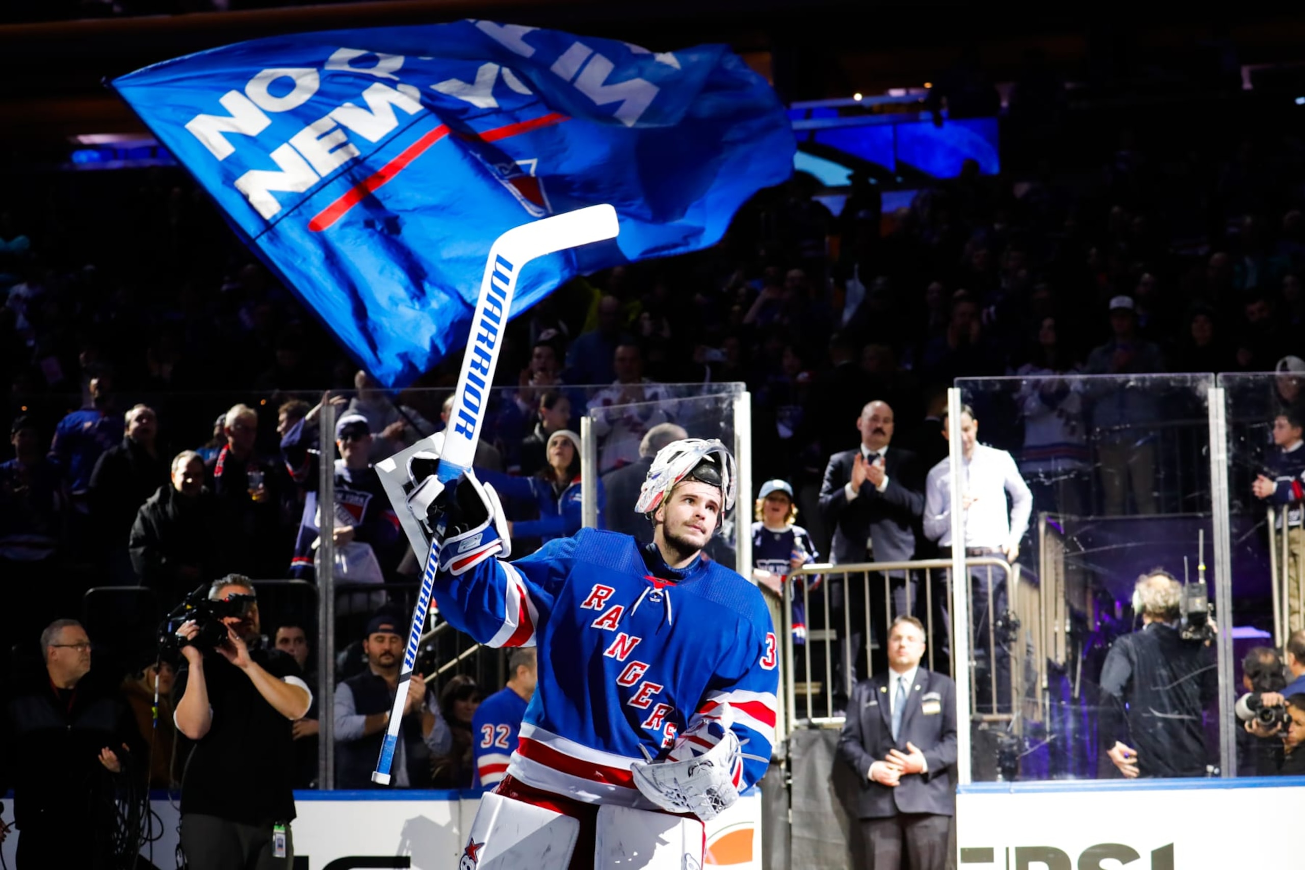 NEW YORK, NEW YORK - JANUARY 16:  Igor Shesterkin #31 of the New York Rangers is named second star of the game in a 5-2 win against the Seattle Kraken at Madison Square Garden on January 16, 2024 in New York City. (Photo by Jared Silber/NHLI via Getty Images)