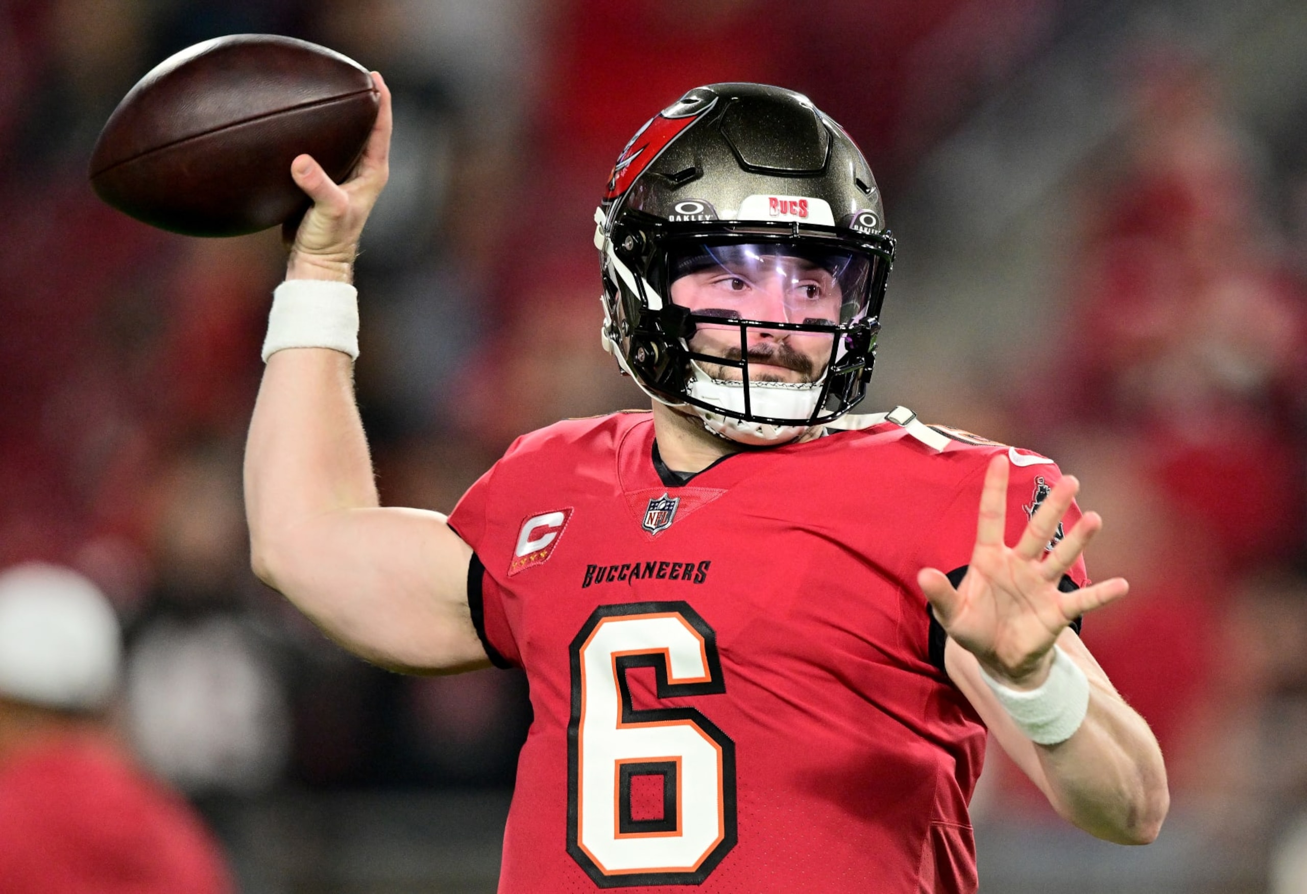 TAMPA, FLORIDA - JANUARY 15: Baker Mayfield #6 of the Tampa Bay Buccaneers warms up prior to the NFC Wild Card Playoffs against the Philadelphia Eagles at Raymond James Stadium on January 15, 2024 in Tampa, Florida. (Photo by Julio Aguilar/Getty Images)