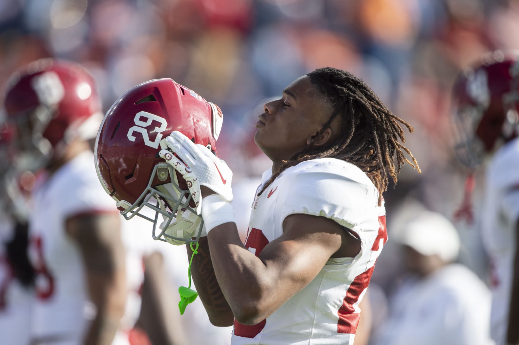 AUBURN, ALABAMA - NOVEMBER 25: Defensive back Dezz Ricks #29 of the Alabama Crimson Tide prior to their game against the Auburn Tigers at Jordan-Hare Stadium on November 25, 2023 in Auburn, Alabama. (Photo by Michael Chang/Getty Images)