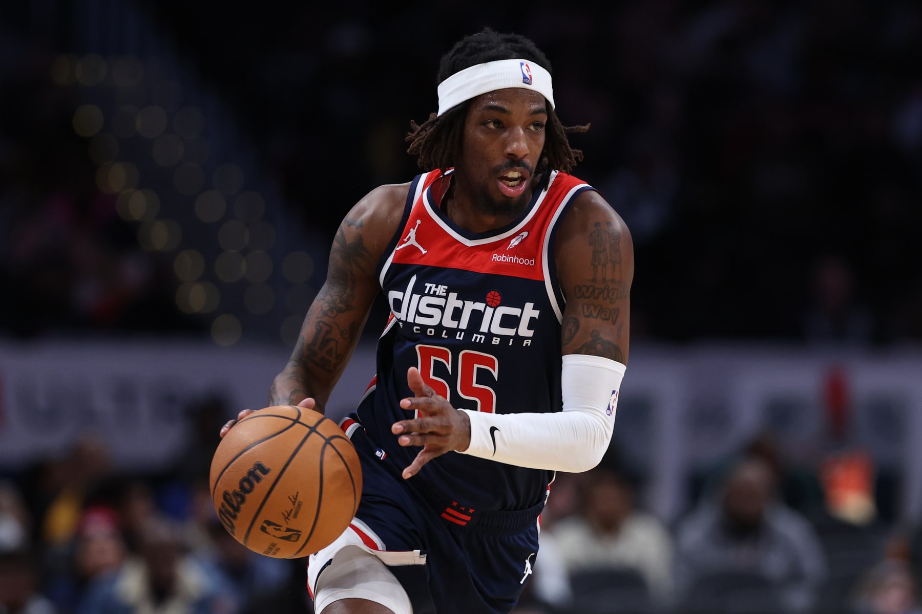 WASHINGTON, DC - JANUARY 15: Delon Wright #55 of the Washington Wizards dribbles against the Detroit Pistons during the first half at Capital One Arena on January 15, 2024 in Washington, DC. NOTE TO USER: User expressly acknowledges and agrees that, by downloading and or using this photograph, User is consenting to the terms and conditions of the Getty Images License Agreement  (Photo by Patrick Smith/Getty Images)