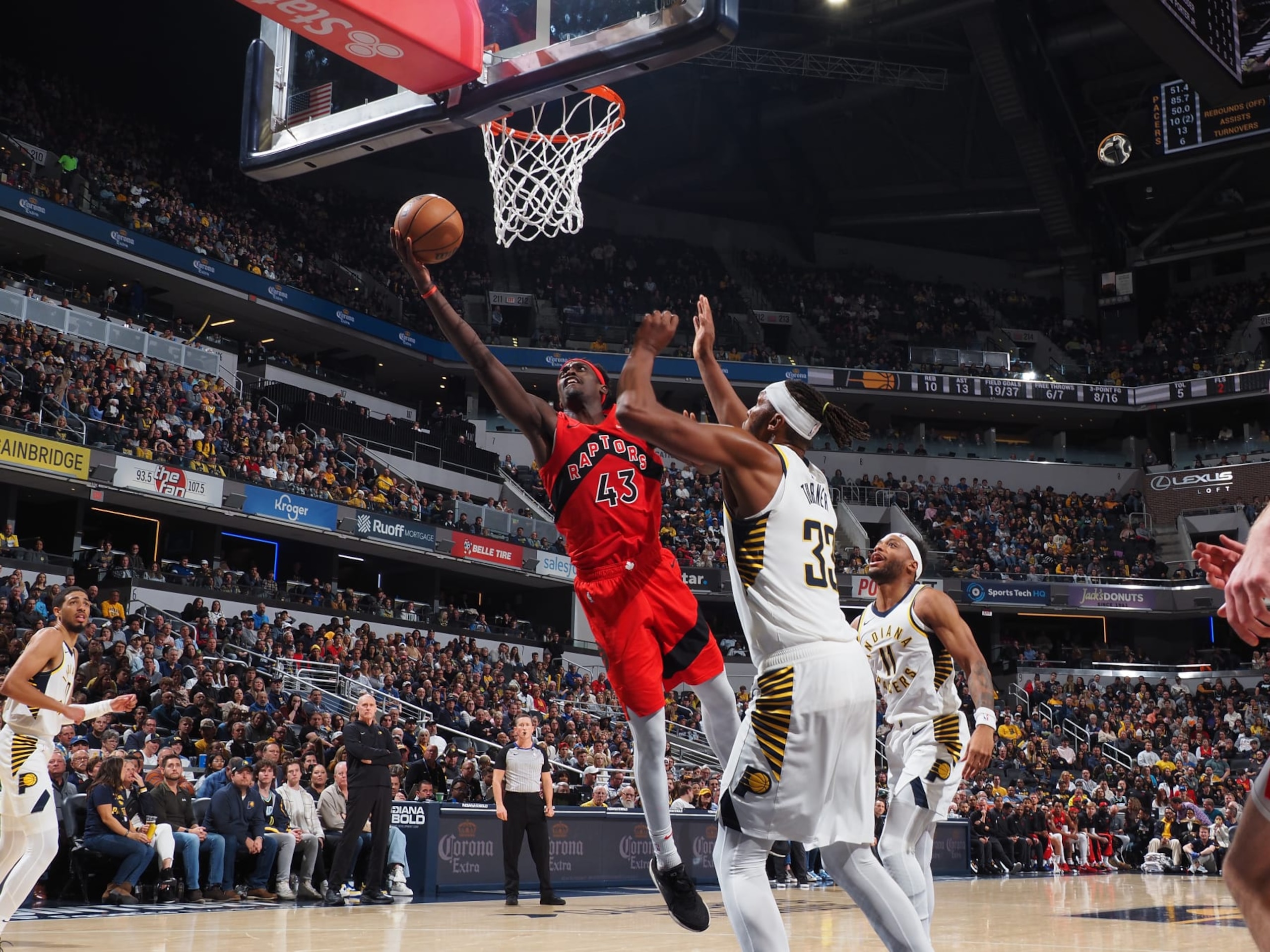 INDIANAPOLIS, IN - NOVEMBER 22: Pascal Siakam #43 of the Toronto Raptors drives to the basket during the game against the Indiana Pacers on November 22, 2023 at Gainbridge Fieldhouse in Indianapolis, Indiana. NOTE TO USER: User expressly acknowledges and agrees that, by downloading and or using this Photograph, user is consenting to the terms and conditions of the Getty Images License Agreement. Mandatory Copyright Notice: Copyright 2023 NBAE (Photo by Ron Hoskins/NBAE via Getty Images)