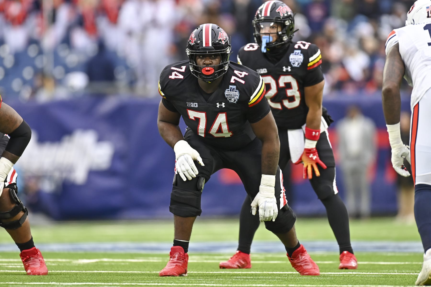 NASHVILLE, TN - DECEMBER 30: Maryland offensive lineman Delmar Glaze (74) in action during the TransPerfect Music City Bowl, between the Auburn Tigers and the Maryland Terrapins on December 30, 2023 at Nissan Stadium in Nashville, TN. (Photo by Kevin Langley/Icon Sportswire via Getty Images)