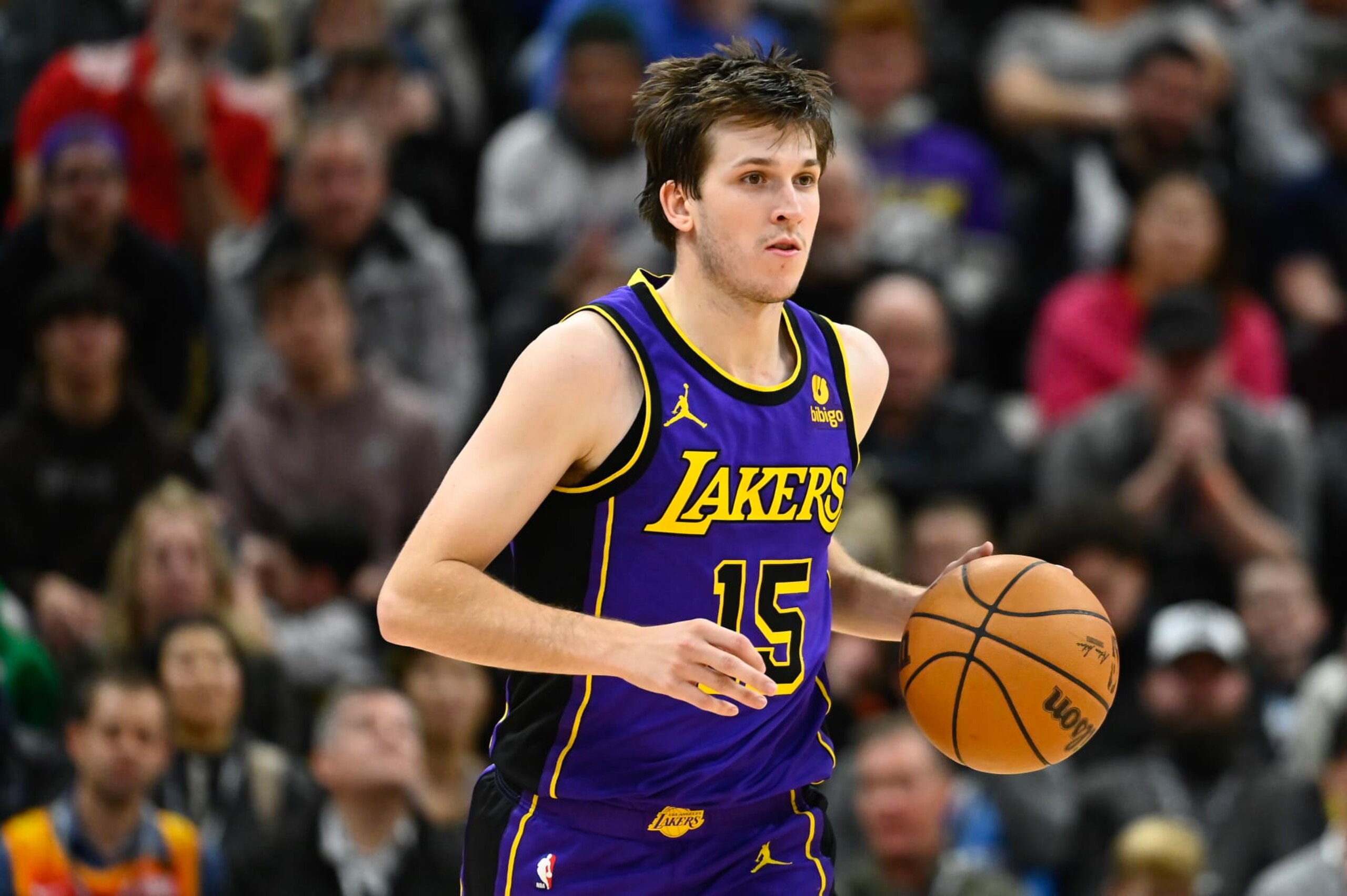 SALT LAKE CITY, UTAH - JANUARY 13: Austin Reaves #15 of the Los Angeles Lakers in action during the second half of a game against the Utah Jazz at Delta Center on January 13, 2024 in Salt Lake City, Utah. NOTE TO USER: User expressly acknowledges and agrees that, by downloading and or using this photograph, User is consenting to the terms and conditions of the Getty Images License Agreement. (Photo by Alex Goodlett/Getty Images) SALT LAKE CITY, UTAH - JANUARY 13: Austin Reaves #15 of the Los Angeles Lakers in action during the second half of a game against the Utah Jazz at Delta Center on January 13, 2024 in Salt Lake City, Utah. NOTE TO USER: User expressly acknowledges and agrees that, by downloading and or using this photograph, User is consenting to the terms and conditions of the Getty Images License Agreement. (Photo by Alex Goodlett/Getty Images)