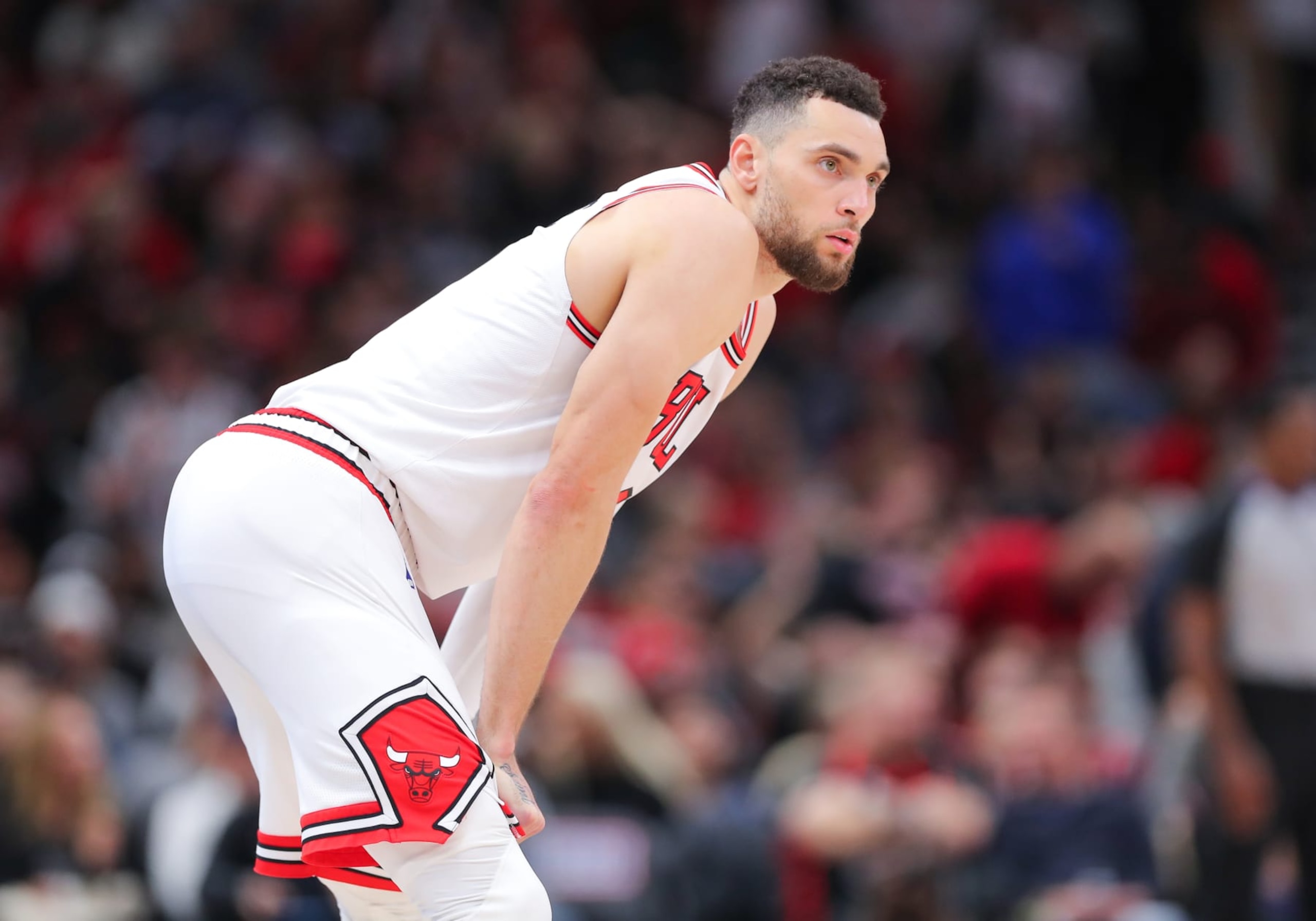 CHICAGO, IL - JANUARY 10: Zach LaVine #8 of the Chicago Bulls looks on during the second half against the Houston Rockets at the United Center on January 10, 2024 in Chicago, Illinois. (Photo by Melissa Tamez/Icon Sportswire via Getty Images)
