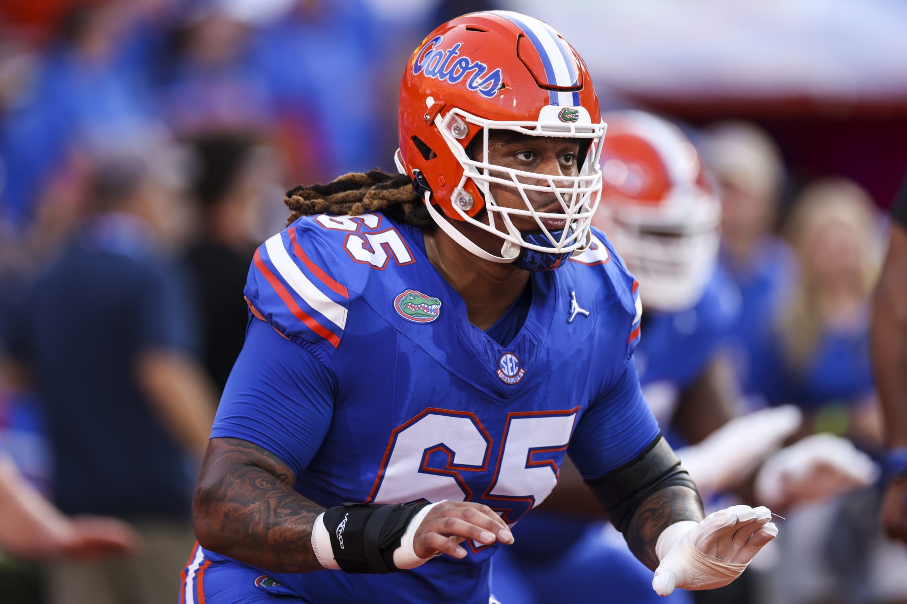 GAINESVILLE, FLORIDA - SEPTEMBER 16: Kingsley Eguakun #65 of the Florida Gators looks on before the start of a game against the Tennessee Volunteers at Ben Hill Griffin Stadium on September 16, 2023 in Gainesville, Florida. (Photo by James Gilbert/Getty Images)
