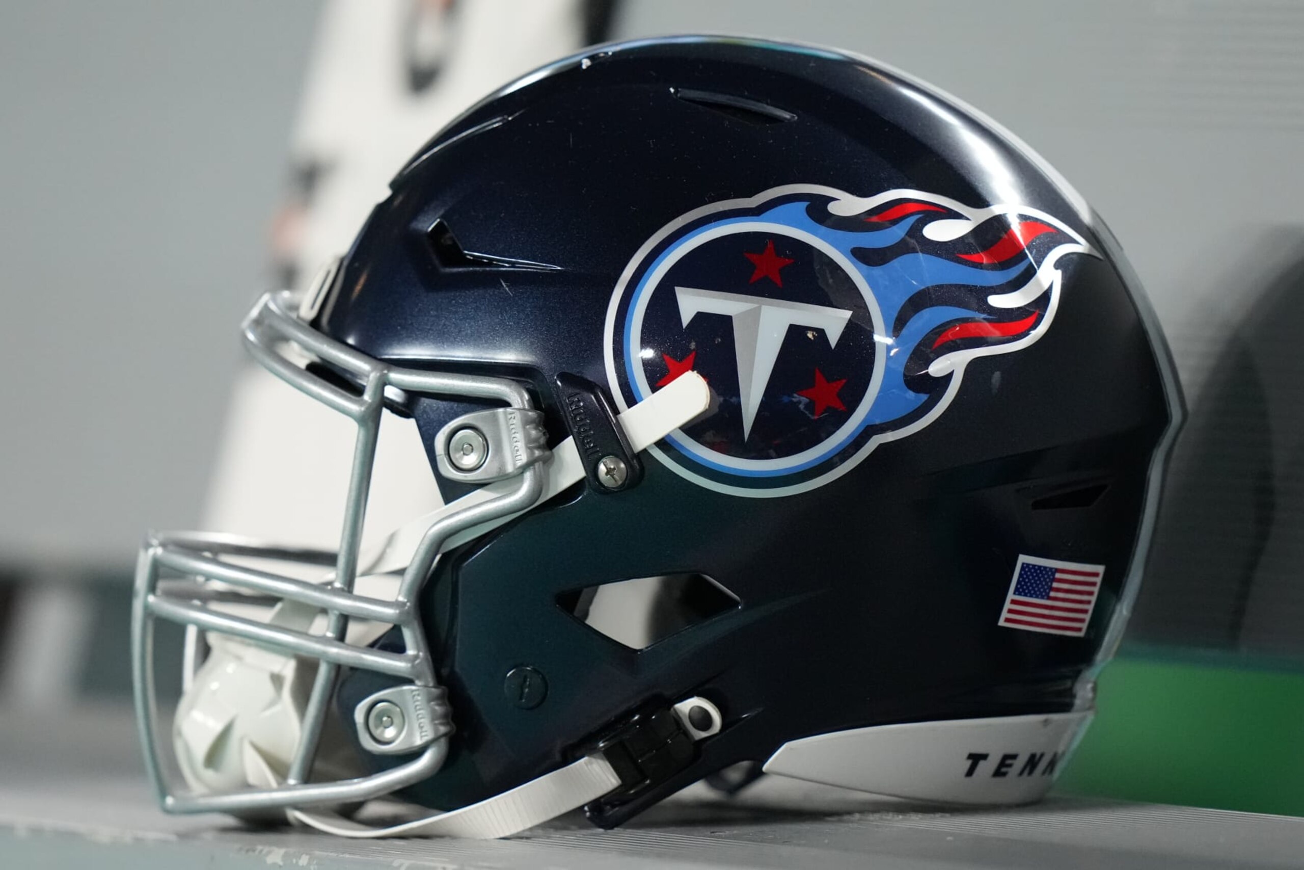 MIAMI GARDENS, FL - DECEMBER 11: a Tennessee Titans helmet rests in the team bench before the game between the Tennessee Titans and Miami Dolphins on Monday, Dec. 11, 2023 at Hard Rock Stadium, Miami Gardens, Fla. (Photo by Peter Joneleit/Icon Sportswire via Getty Images)
