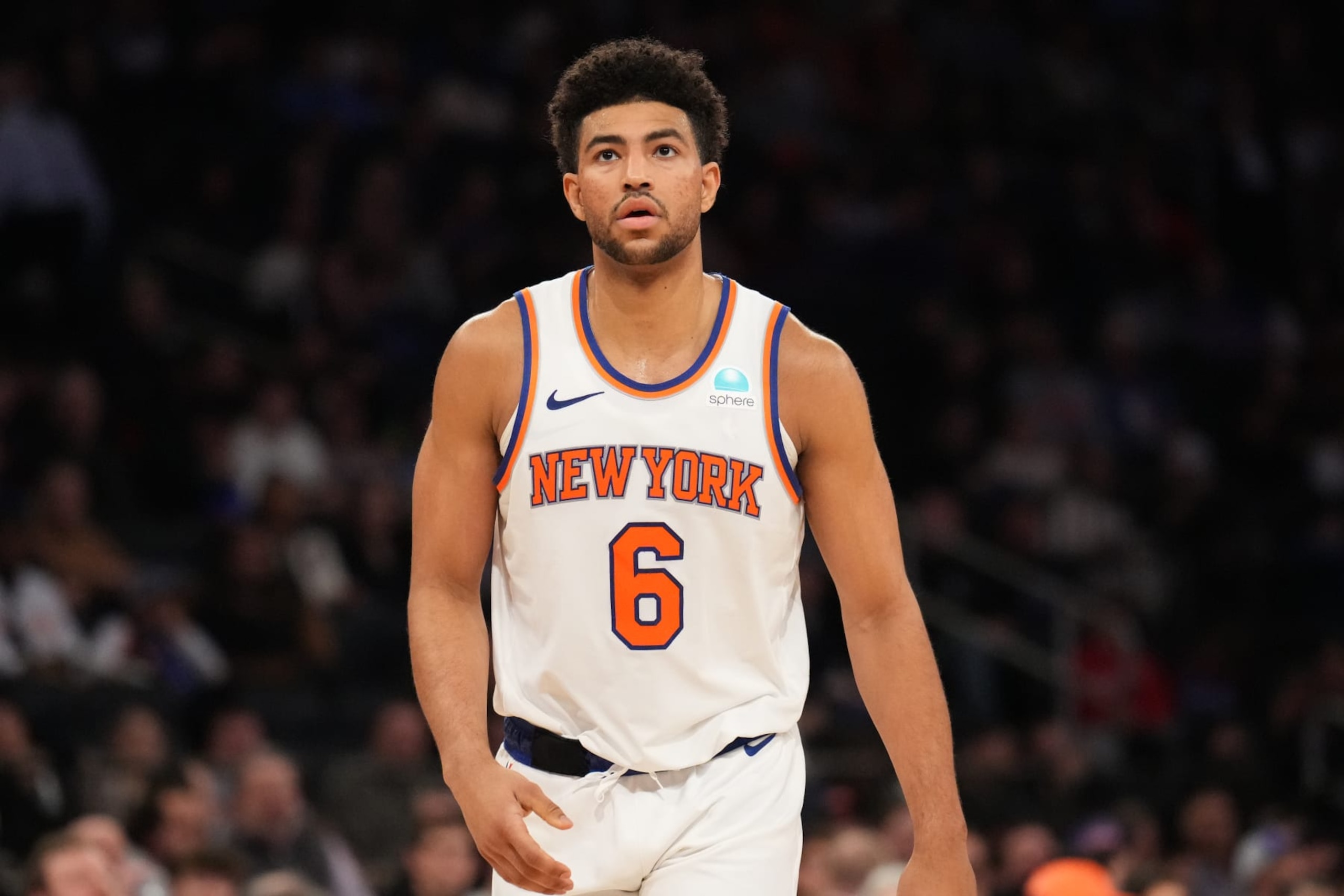 NEW YORK, NY - JANUARY 9:  Quentin Grimes #6 of the New York Knicks look on during the game on January 9, 2024 at Madison Square Garden in New York City, New York.  NOTE TO USER: User expressly acknowledges and agrees that, by downloading and or using this photograph, User is consenting to the terms and conditions of the Getty Images License Agreement. Mandatory Copyright Notice: Copyright 2024 NBAE  (Photo by Jesse D. Garrabrant/NBAE via Getty Images)