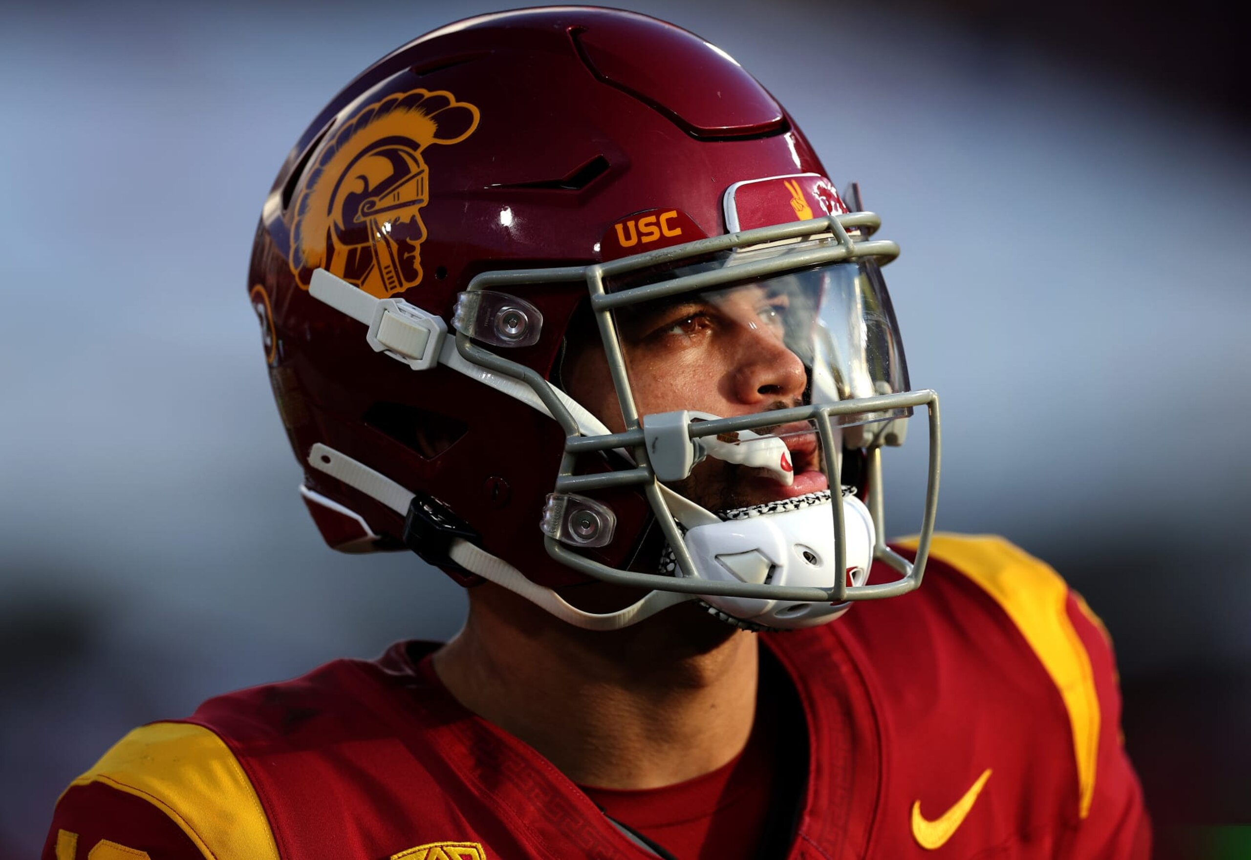 LOS ANGELES, CALIFORNIA - NOVEMBER 18: Caleb Williams #13 of the USC Trojans looks on during the second half of a game against the UCLA Bruins at United Airlines Field at the Los Angeles Memorial Coliseum on November 18, 2023 in Los Angeles, California. (Photo by Sean M. Haffey/Getty Images) LOS ANGELES, CALIFORNIA - NOVEMBER 18: Caleb Williams #13 of the USC Trojans looks on during the second half of a game against the UCLA Bruins at United Airlines Field at the Los Angeles Memorial Coliseum on November 18, 2023 in Los Angeles, California. (Photo by Sean M. Haffey/Getty Images)