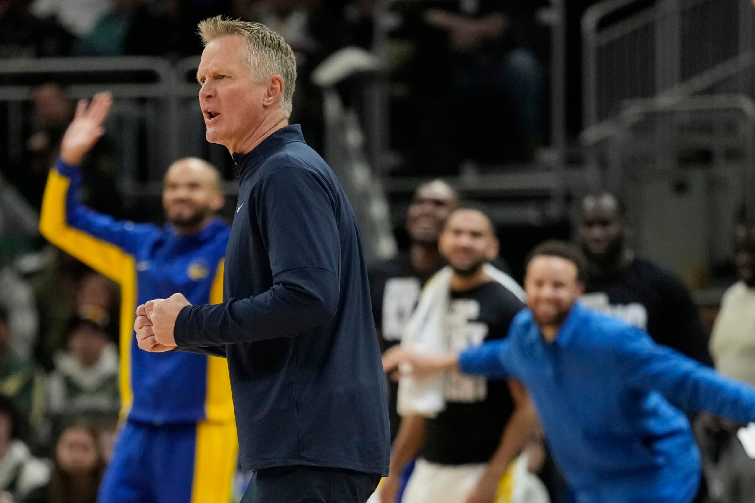MILWAUKEE, WISCONSIN - JANUARY 13: Head coach Steve Kerr of the Golden State Warriors reacts in the first half against the Milwaukee Bucks at Fiserv Forum on January 13, 2024 in Milwaukee, Wisconsin. NOTE TO USER: User expressly acknowledges and agrees that, by downloading and or using this photograph, User is consenting to the terms and conditions of the Getty Images License Agreement. (Photo by Patrick McDermott/Getty Images)