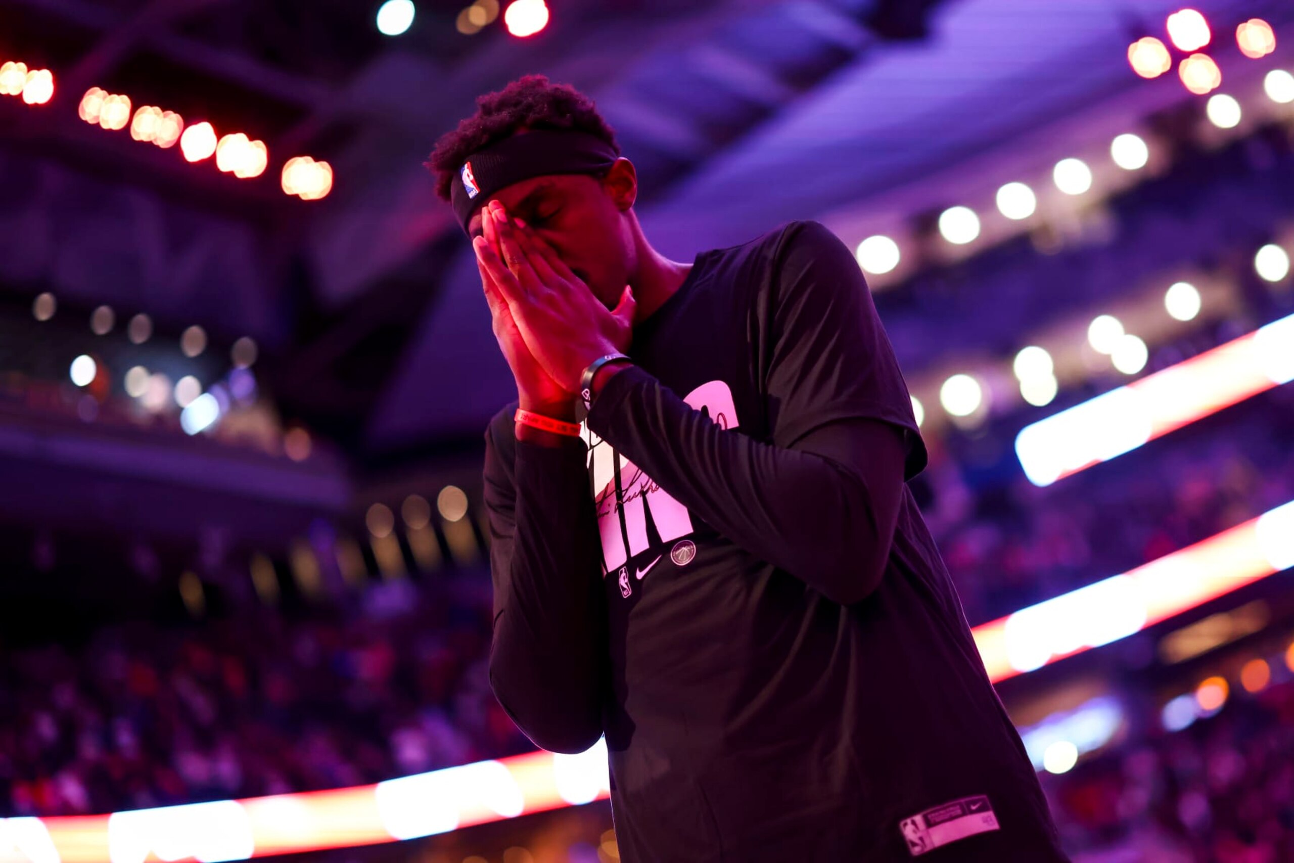TORONTO, CANADA - JANUARY 15:  Pascal Siakam #43 of the Toronto Raptors reacts before the game against the Boston Celtics on January 15, 2024 at the Scotiabank Arena in Toronto, Ontario, Canada.  NOTE TO USER: User expressly acknowledges and agrees that, by downloading and or using this Photograph, user is consenting to the terms and conditions of the Getty Images License Agreement.  Mandatory Copyright Notice: Copyright 2024 NBAE (Photo by Vaughn Ridley/NBAE via Getty Images)