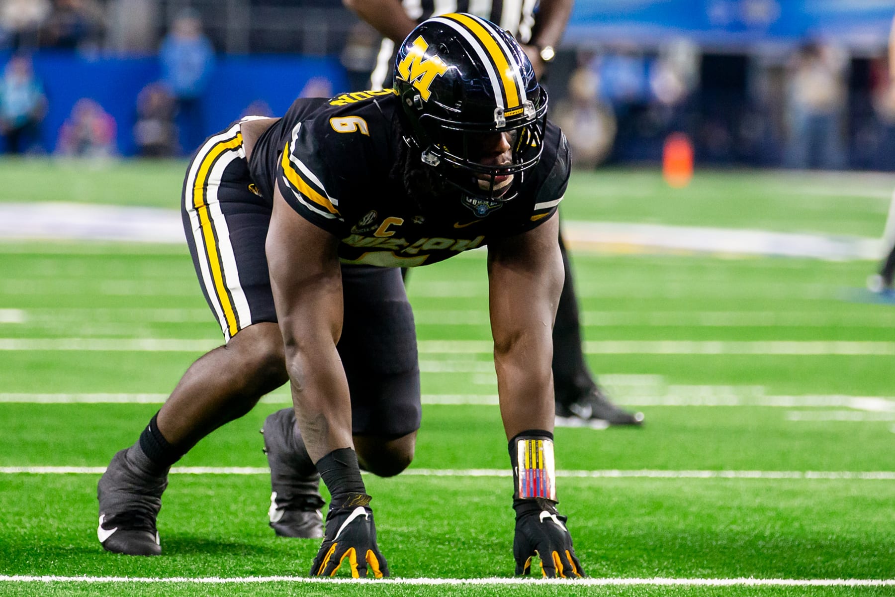 ARLINGTON, TX - DECEMBER 29: Missouri defensive lineman Darius Robinson (6) gets set at the line during the 88th annual Cotton Bowl game between the Missouri Tigers and the Ohio State Buckeyes on Friday, December 29, 2023 at AT&T Stadium in Arlington, TX.  (Photo by Nick Tre. Smith/Icon Sportswire via Getty Images)