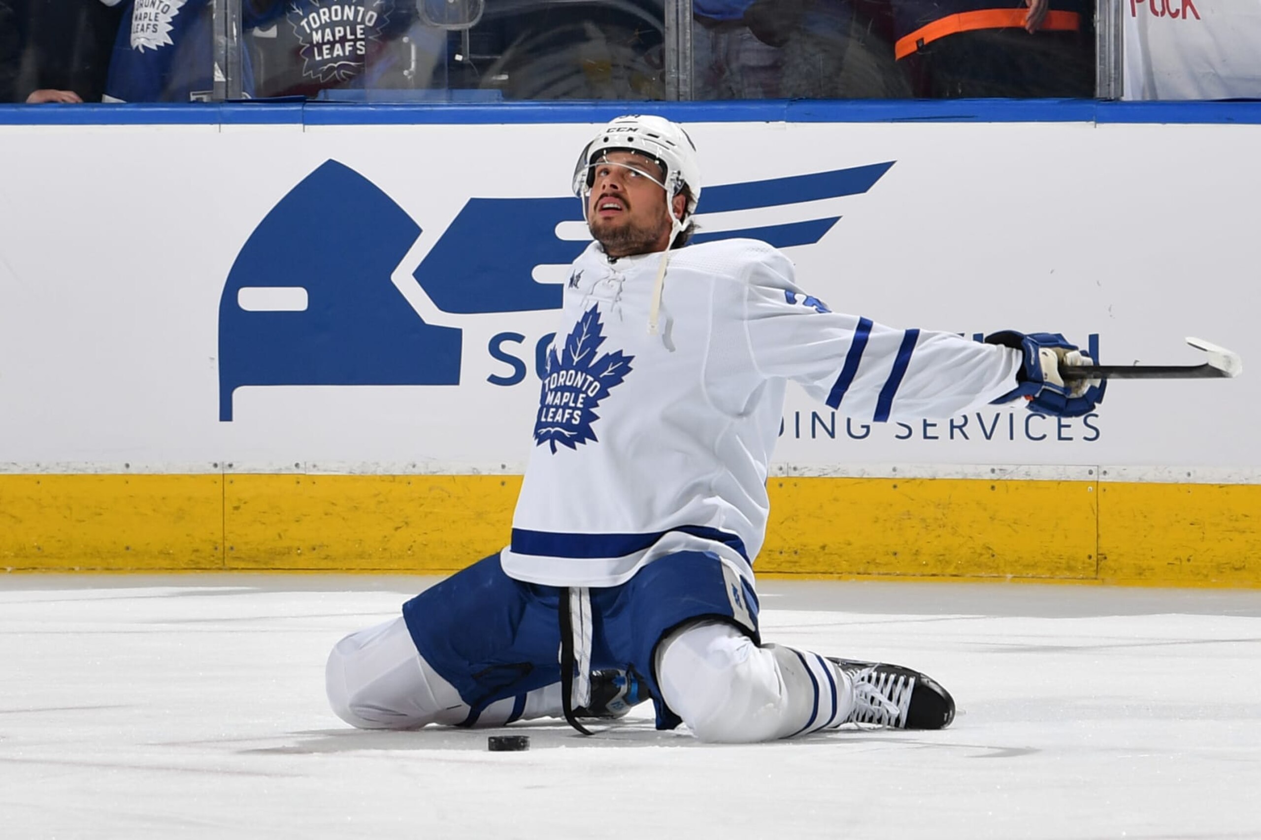 EDMONTON, CANADA - JANUARY 16: Auston Matthews #34 of the Toronto Maple Leafs stretches during warm ups before the game against the Edmonton Oilers at Rogers Place on January 16, 2024, in Edmonton, Alberta, Canada. (Photo by Andy Devlin/NHLI via Getty Images)
