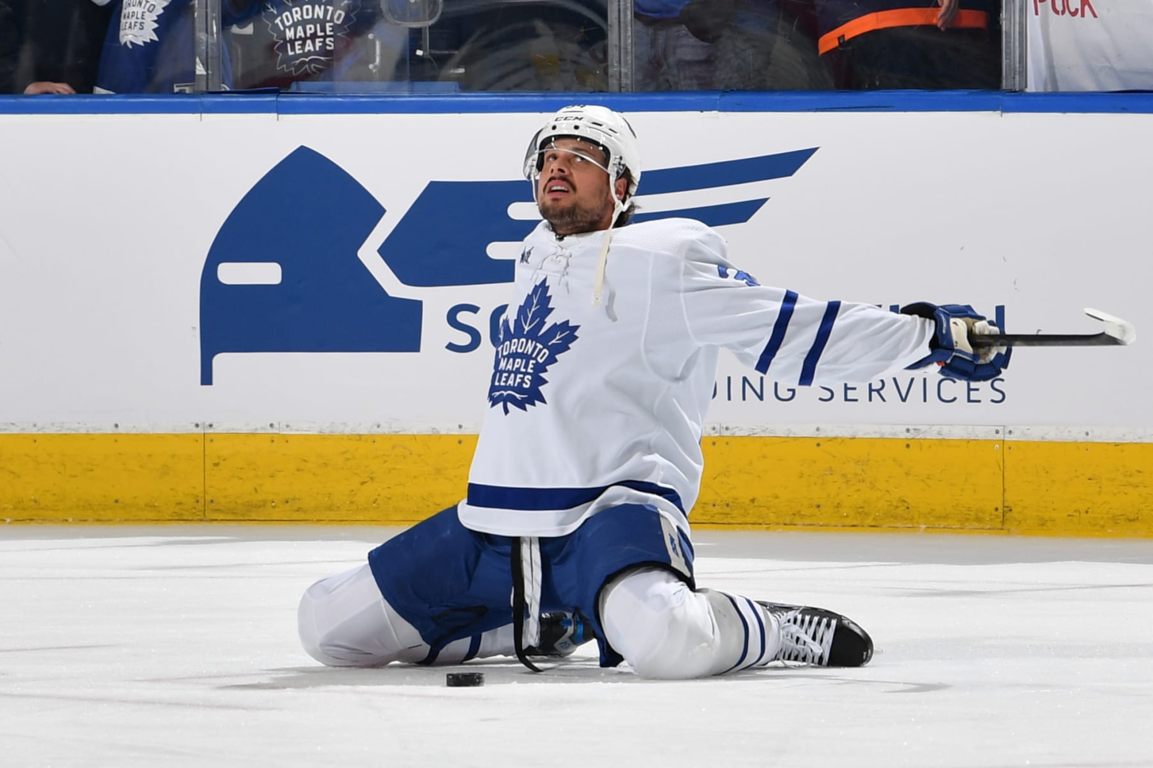 EDMONTON, CANADA - JANUARY 16: Auston Matthews #34 of the Toronto Maple Leafs stretches during warm ups before the game against the Edmonton Oilers at Rogers Place on January 16, 2024, in Edmonton, Alberta, Canada. (Photo by Andy Devlin/NHLI via Getty Images)