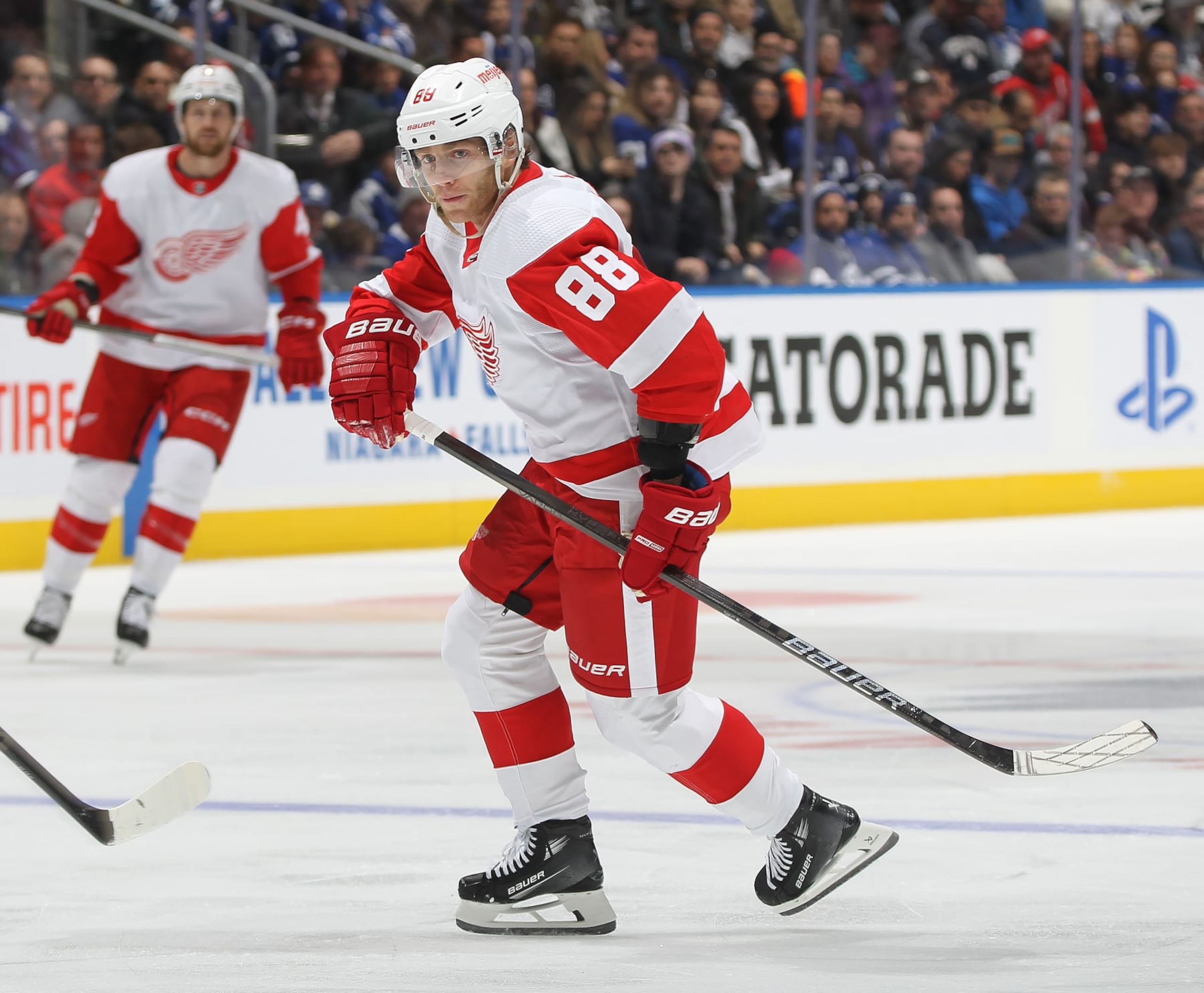 TORONTO, CANADA - JANUARY 14:  Patrick Kane #88 of the Detroit Red Wings skates against the Toronto Maple Leafs during the first period in an NHL game at Scotiabank Arena on January 14, 2024 in Toronto, Ontario, Canada. The Red Wings defeated the Maple Leafs 4-2. (Photo by Claus Andersen/Getty Images)