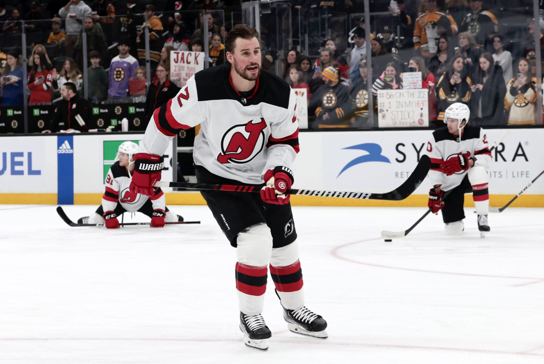 BOSTON, MA - DECEMBER 30: New Jersey Devils defenseman Brendan Smith (2) during warm up before a game between the Boston Bruins and the New Jersey Devils on December 30, 2023, at TD Garden in Boston, Massachusetts. (Photo by Fred Kfoury III/Icon Sportswire via Getty Images)
