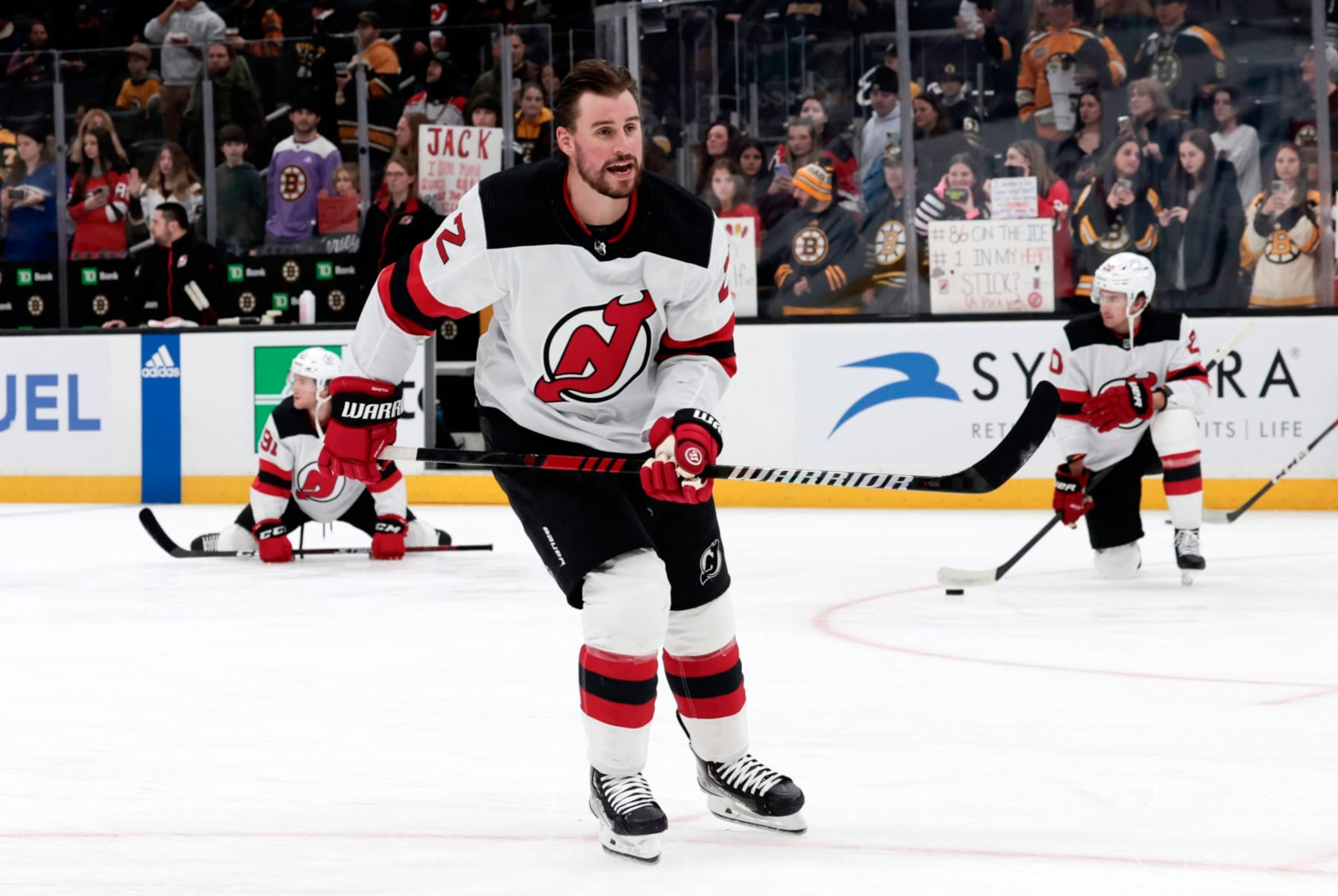 BOSTON, MA - DECEMBER 30: New Jersey Devils defenseman Brendan Smith (2) during warm up before a game between the Boston Bruins and the New Jersey Devils on December 30, 2023, at TD Garden in Boston, Massachusetts. (Photo by Fred Kfoury III/Icon Sportswire via Getty Images)