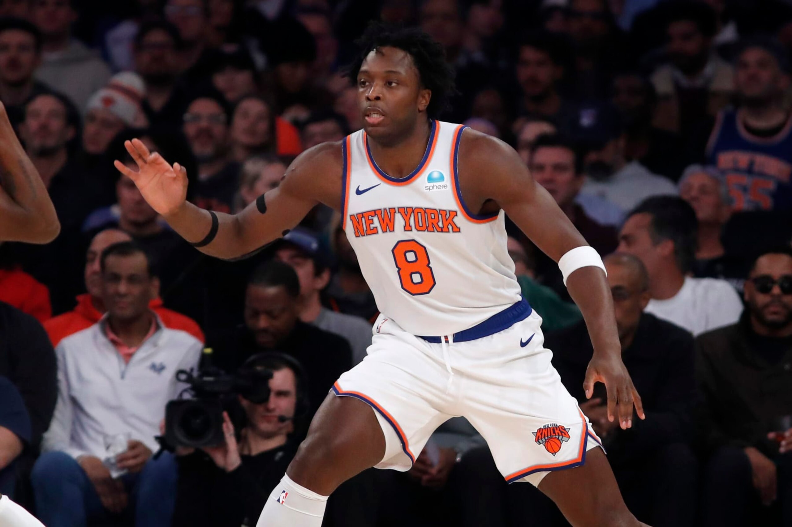 NEW YORK, NEW YORK - JANUARY 09: (NEW YORK DAILIES OUT) OG Anunoby #8 of the New York Knicks in action against the Portland Trail Blazers at Madison Square Garden on January 09, 2024 in New York City. The Knicks defeated the Trail Blazers 112-84. NOTE TO USER: User expressly acknowledges and agrees that, by downloading and or using this photograph, User is consenting to the terms and conditions of the Getty Images License Agreement. (Photo by Jim McIsaac/Getty Images) NEW YORK, NEW YORK - JANUARY 09: (NEW YORK DAILIES OUT) OG Anunoby #8 of the New York Knicks in action against the Portland Trail Blazers at Madison Square Garden on January 09, 2024 in New York City. The Knicks defeated the Trail Blazers 112-84. NOTE TO USER: User expressly acknowledges and agrees that, by downloading and or using this photograph, User is consenting to the terms and conditions of the Getty Images License Agreement. (Photo by Jim McIsaac/Getty Images)