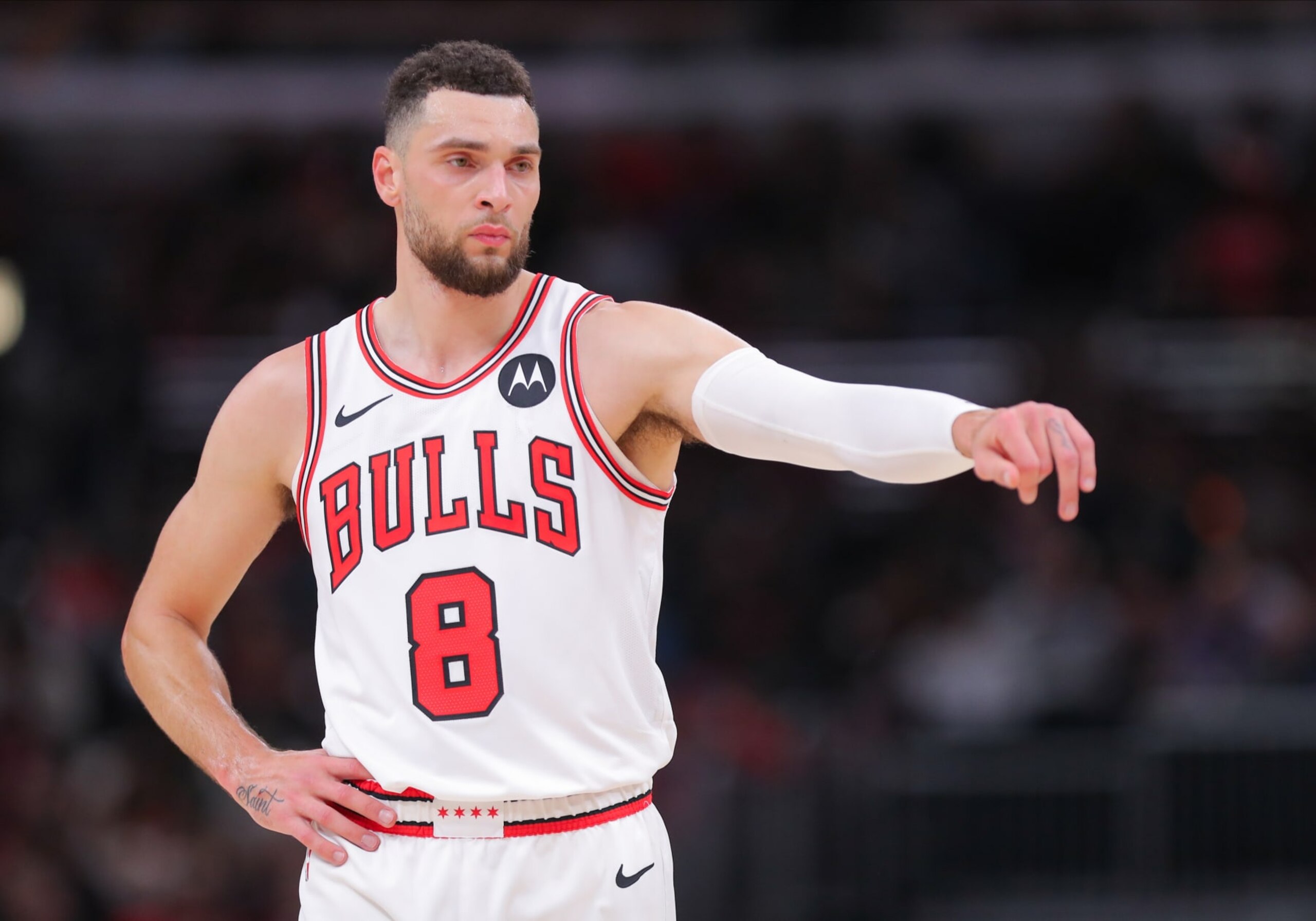 CHICAGO, IL - JANUARY 10: Zach LaVine #8 of the Chicago Bulls reacts after a play  during the first half against the Houston Rockets at the United Center on January 10, 2024 in Chicago, Illinois. (Photo by Melissa Tamez/Icon Sportswire via Getty Images)