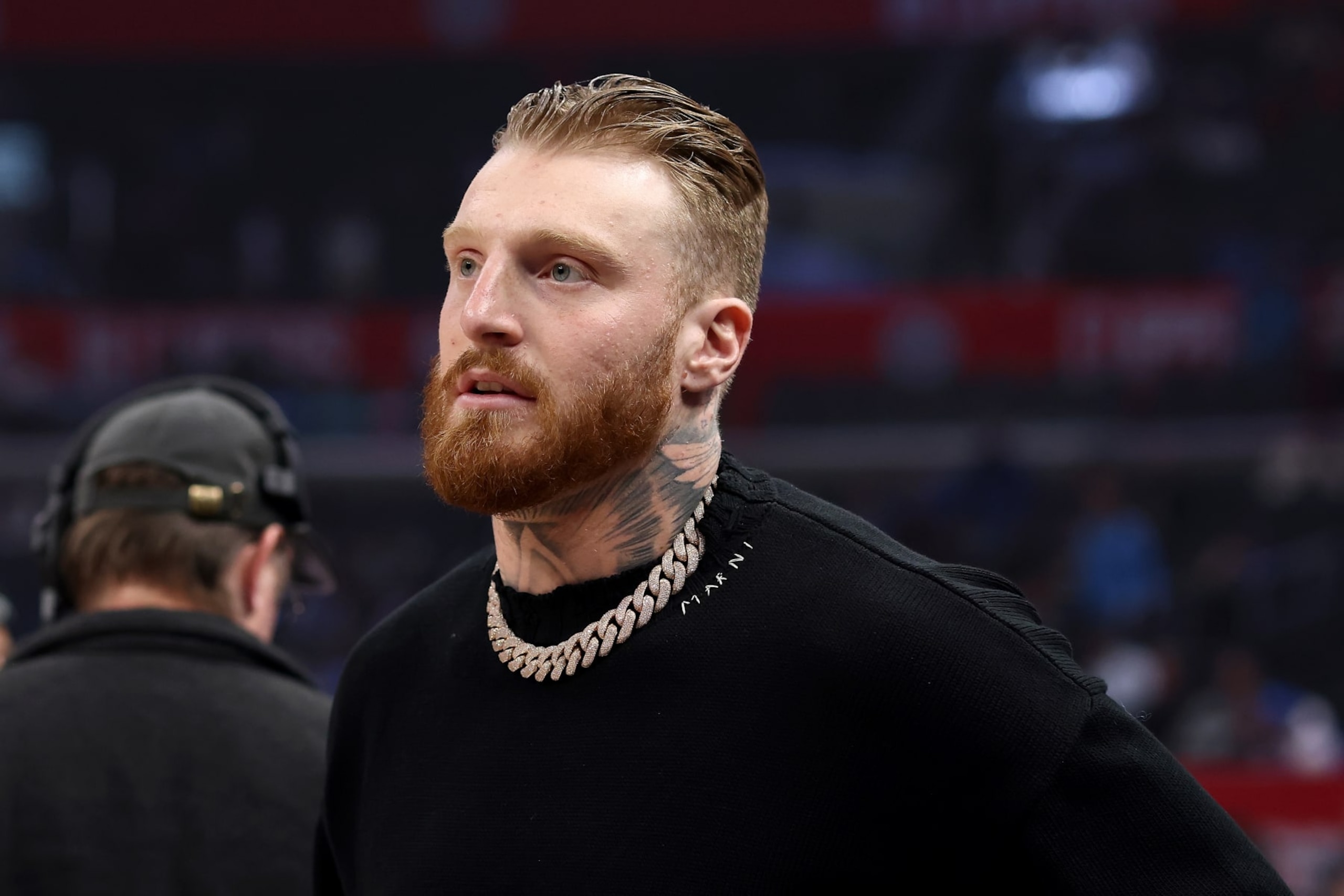 LOS ANGELES, CALIFORNIA - JANUARY 16: Maxx Crosby looks on after the game between the Los Angeles Clippers and the Oklahoma City Thunder at Crypto.com Arena on January 16, 2024 in Los Angeles, California. NOTE TO USER: User expressly acknowledges and agrees that, by downloading and or using this photograph, User is consenting to the terms and conditions of the Getty Images License Agreement. (Photo by Katelyn Mulcahy/Getty Images)