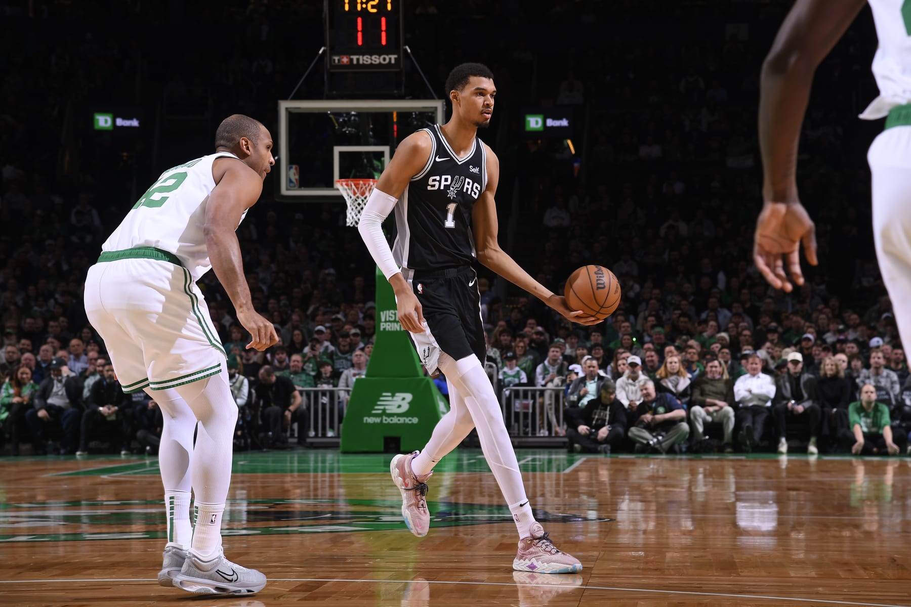 BOSTON, MA - JANUARY 17: Victor Wembanyama #1 of the San Antonio Spurs looks to pass the ball during the game against the Boston Celtics on January 17, 2024 at the TD Garden in Boston, Massachusetts. NOTE TO USER: User expressly acknowledges and agrees that, by downloading and or using this photograph, User is consenting to the terms and conditions of the Getty Images License Agreement. Mandatory Copyright Notice: Copyright 2024 NBAE  (Photo by Brian Babineau/NBAE via Getty Images)