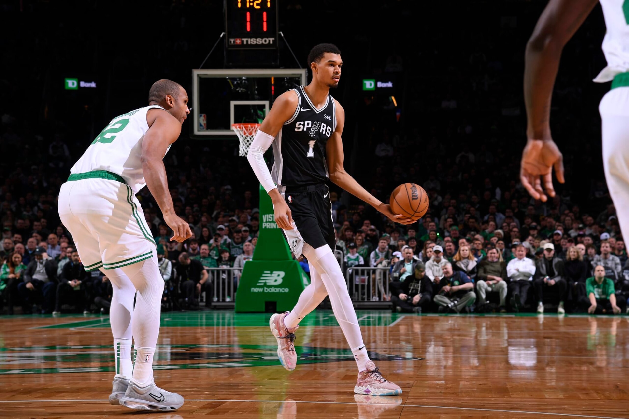 BOSTON, MA - JANUARY 17: Victor Wembanyama #1 of the San Antonio Spurs looks to pass the ball during the game against the Boston Celtics on January 17, 2024 at the TD Garden in Boston, Massachusetts. NOTE TO USER: User expressly acknowledges and agrees that, by downloading and or using this photograph, User is consenting to the terms and conditions of the Getty Images License Agreement. Mandatory Copyright Notice: Copyright 2024 NBAE (Photo by Brian Babineau/NBAE via Getty Images) BOSTON, MA - JANUARY 17: Victor Wembanyama #1 of the San Antonio Spurs looks to pass the ball during the game against the Boston Celtics on January 17, 2024 at the TD Garden in Boston, Massachusetts. NOTE TO USER: User expressly acknowledges and agrees that, by downloading and or using this photograph, User is consenting to the terms and conditions of the Getty Images License Agreement. Mandatory Copyright Notice: Copyright 2024 NBAE (Photo by Brian Babineau/NBAE via Getty Images)