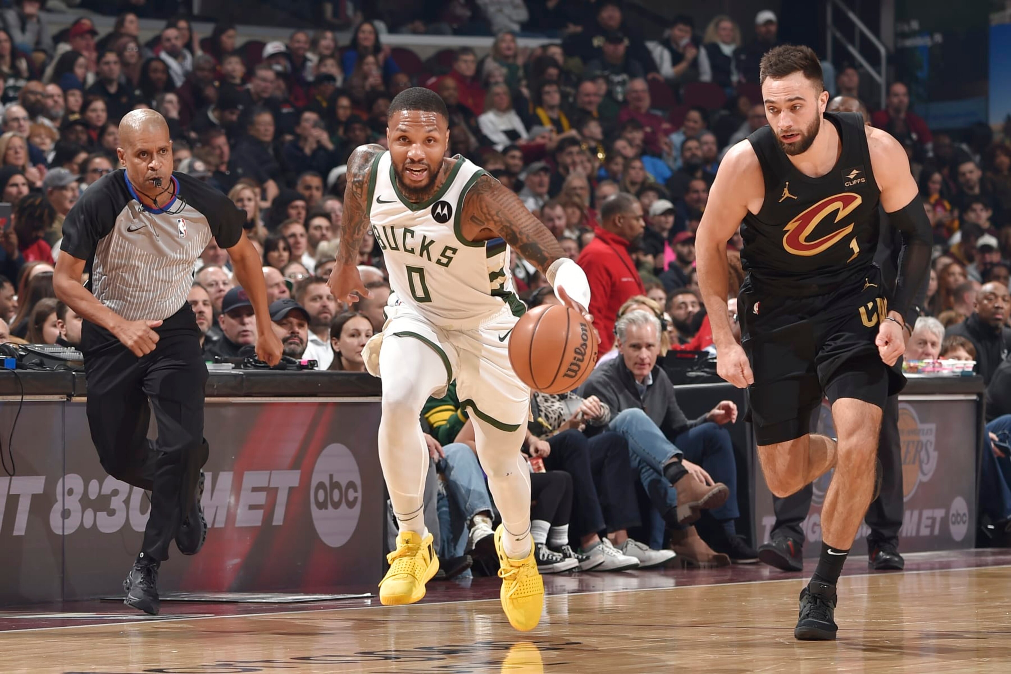 CLEVELAND, OH - JANUARY 17: Damian Lillard #0 of the Milwaukee Bucks dribbles the ball during the game against the Cleveland Cavaliers on January 17, 2024 at Rocket Mortgage FieldHouse in Cleveland, Ohio. NOTE TO USER: User expressly acknowledges and agrees that, by downloading and/or using this Photograph, user is consenting to the terms and conditions of the Getty Images License Agreement. Mandatory Copyright Notice: Copyright 2024 NBAE (Photo by David Liam Kyle/NBAE via Getty Images) CLEVELAND, OH - JANUARY 17: Damian Lillard #0 of the Milwaukee Bucks dribbles the ball during the game against the Cleveland Cavaliers on January 17, 2024 at Rocket Mortgage FieldHouse in Cleveland, Ohio. NOTE TO USER: User expressly acknowledges and agrees that, by downloading and/or using this Photograph, user is consenting to the terms and conditions of the Getty Images License Agreement. Mandatory Copyright Notice: Copyright 2024 NBAE (Photo by David Liam Kyle/NBAE via Getty Images)