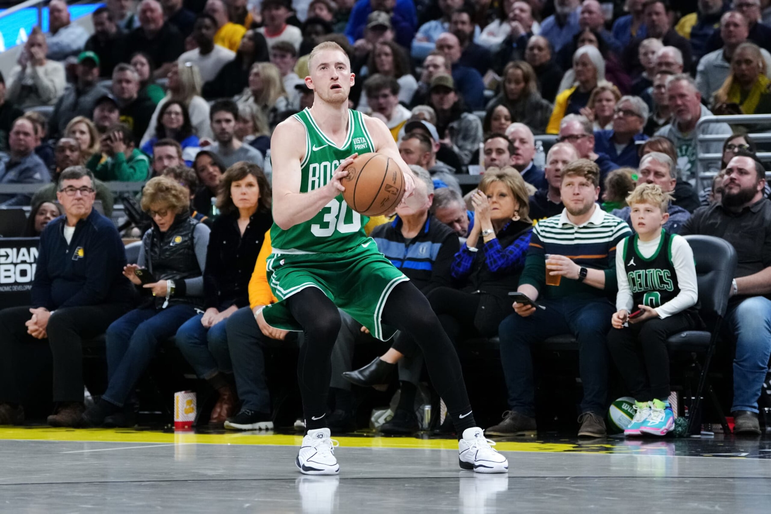 INDIANAPOLIS, INDIANA - JANUARY 06: Sam Hauser #30 of the Boston Celtics attempts a shot in the third quarter against the Indiana Pacers at Gainbridge Fieldhouse on January 06, 2024 in Indianapolis, Indiana. NOTE TO USER: User expressly acknowledges and agrees that, by downloading and or using this photograph, User is consenting to the terms and conditions of the Getty Images License Agreement. (Photo by Dylan Buell/Getty Images)