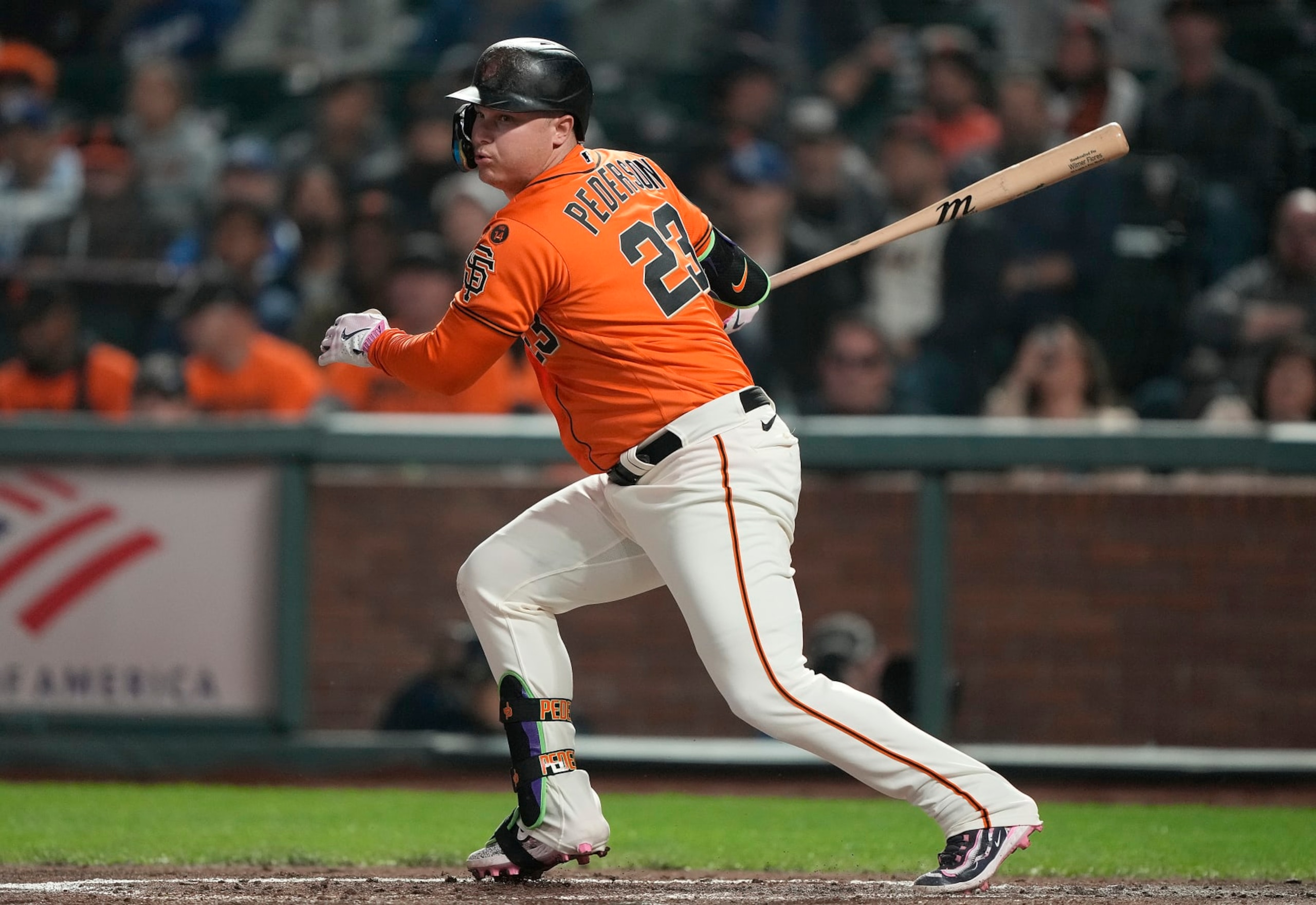 SAN FRANCISCO, CALIFORNIA - SEPTEMBER 29: Joc Pederson #23 of the San Francisco Giants bats against the Los Angeles Dodgers in the bottom of the first inning at Oracle Park on September 29, 2023 in San Francisco, California. (Photo by Thearon W. Henderson/Getty Images)