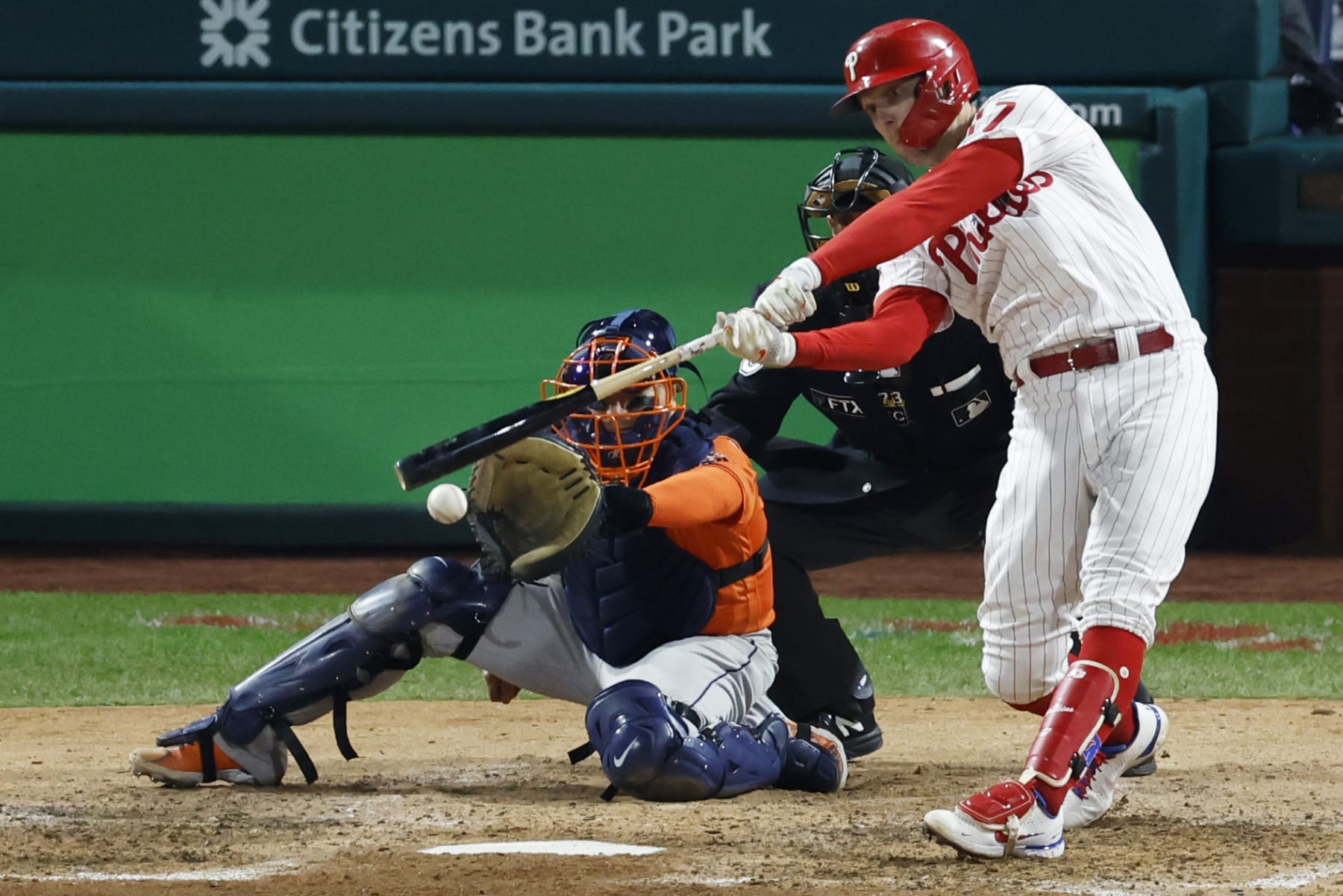 PHILADELPHIA, PA - NOVEMBER 02: Rhys Hoskins #17 of the Philadelphia Phillies grounds out in the sixth inning during Game 4 of the 2022 World Series between the Houston Astros and the Philadelphia Phillies at Citizens Bank Park on Wednesday, November 2, 2022 in Philadelphia, Pennsylvania. (Photo by Brian Garfinkel/MLB Photos via Getty Images) PHILADELPHIA, PA - NOVEMBER 02: Rhys Hoskins #17 of the Philadelphia Phillies grounds out in the sixth inning during Game 4 of the 2022 World Series between the Houston Astros and the Philadelphia Phillies at Citizens Bank Park on Wednesday, November 2, 2022 in Philadelphia, Pennsylvania. (Photo by Brian Garfinkel/MLB Photos via Getty Images)