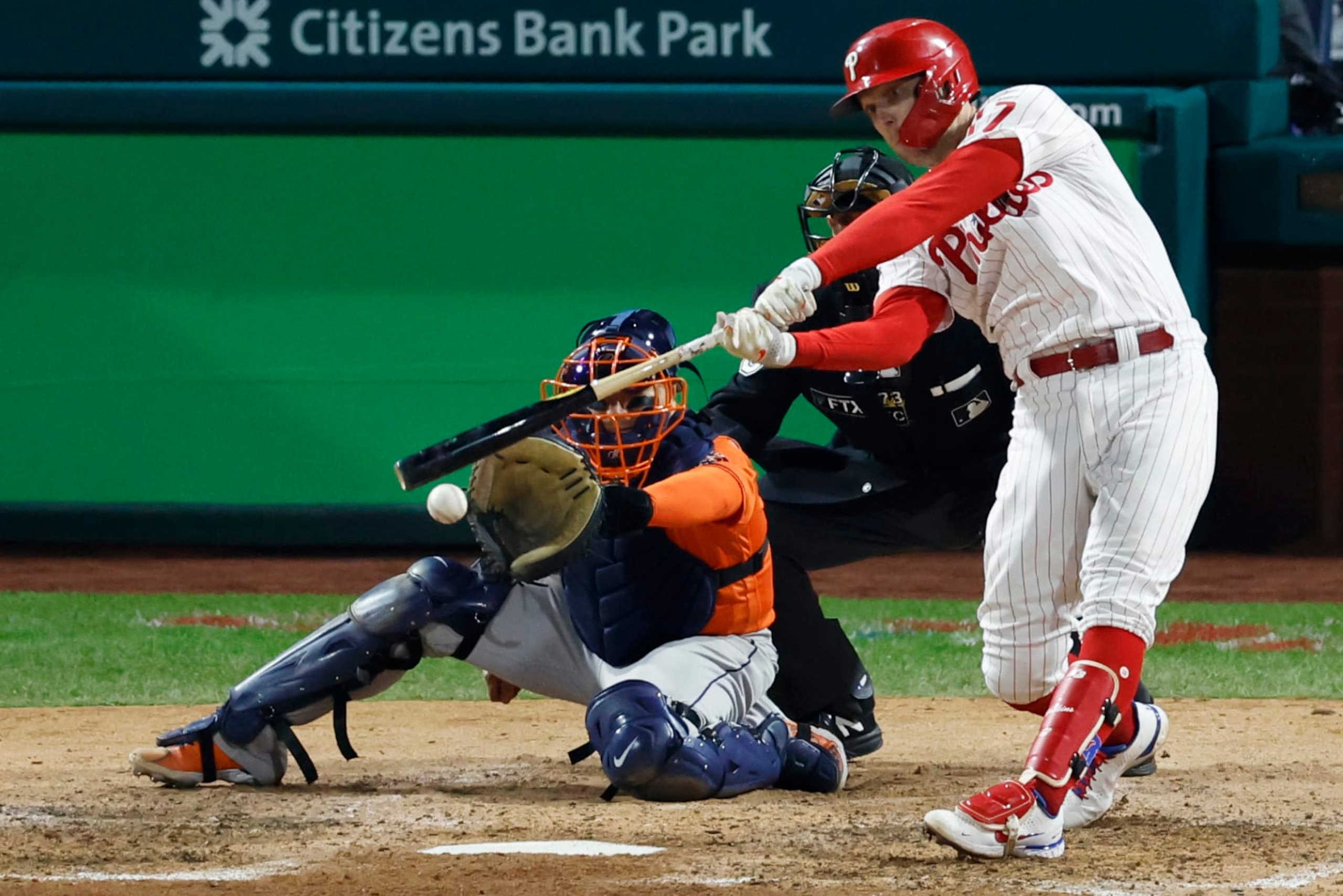 PHILADELPHIA, PA - NOVEMBER 02: Rhys Hoskins #17 of the Philadelphia Phillies grounds out in the sixth inning during Game 4 of the 2022 World Series between the Houston Astros and the Philadelphia Phillies at Citizens Bank Park on Wednesday, November 2, 2022 in Philadelphia, Pennsylvania. (Photo by Brian Garfinkel/MLB Photos via Getty Images)