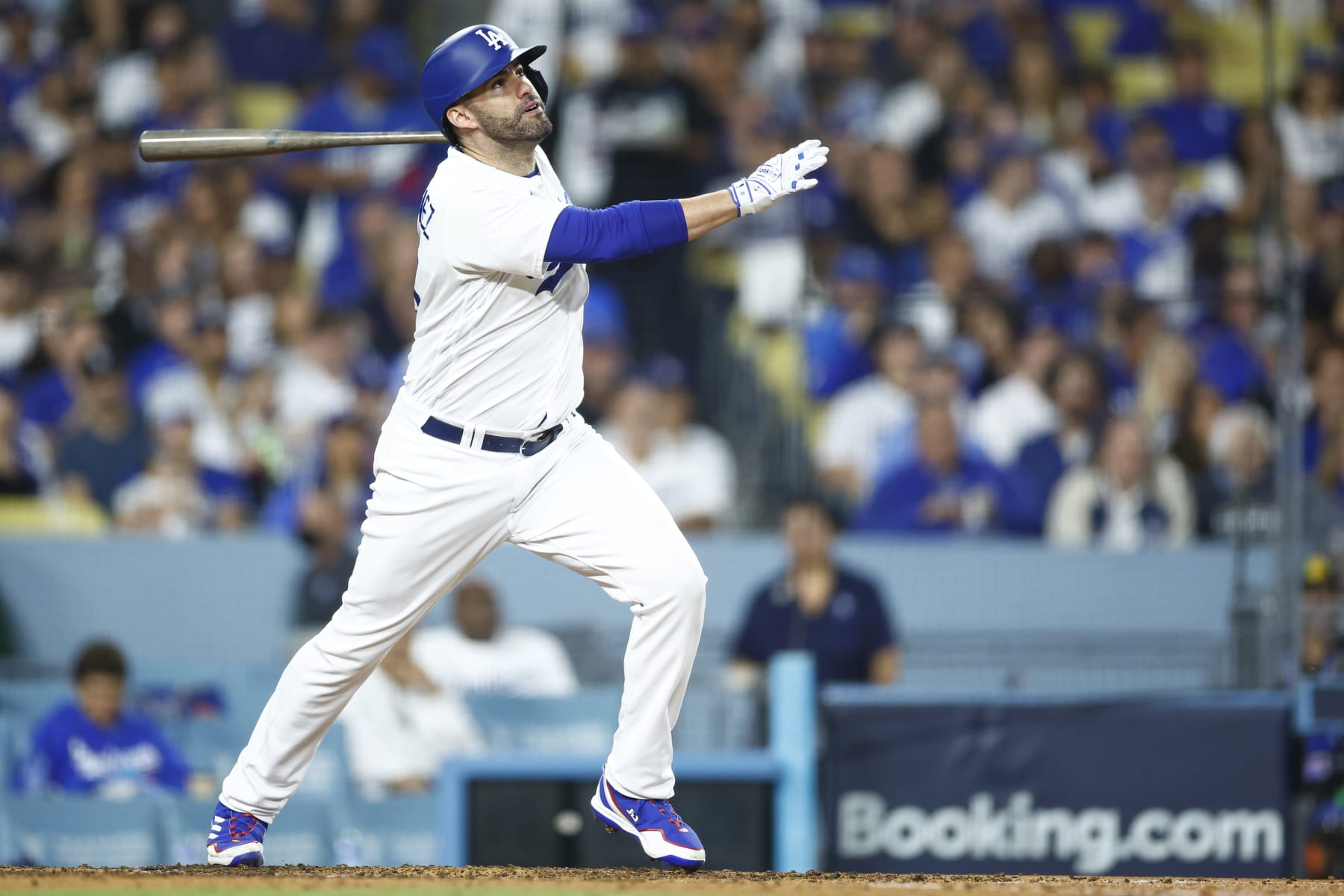 LOS ANGELES, CALIFORNIA - OCTOBER 09: J.D. Martinez #28 of the Los Angeles Dodgers hits a solo home run against the Arizona Diamondbacks during the fourth inning in Game Two of the Division Series at Dodger Stadium on October 09, 2023 in Los Angeles, California. (Photo by Ronald Martinez/Getty Images) LOS ANGELES, CALIFORNIA - OCTOBER 09: J.D. Martinez #28 of the Los Angeles Dodgers hits a solo home run against the Arizona Diamondbacks during the fourth inning in Game Two of the Division Series at Dodger Stadium on October 09, 2023 in Los Angeles, California. (Photo by Ronald Martinez/Getty Images)