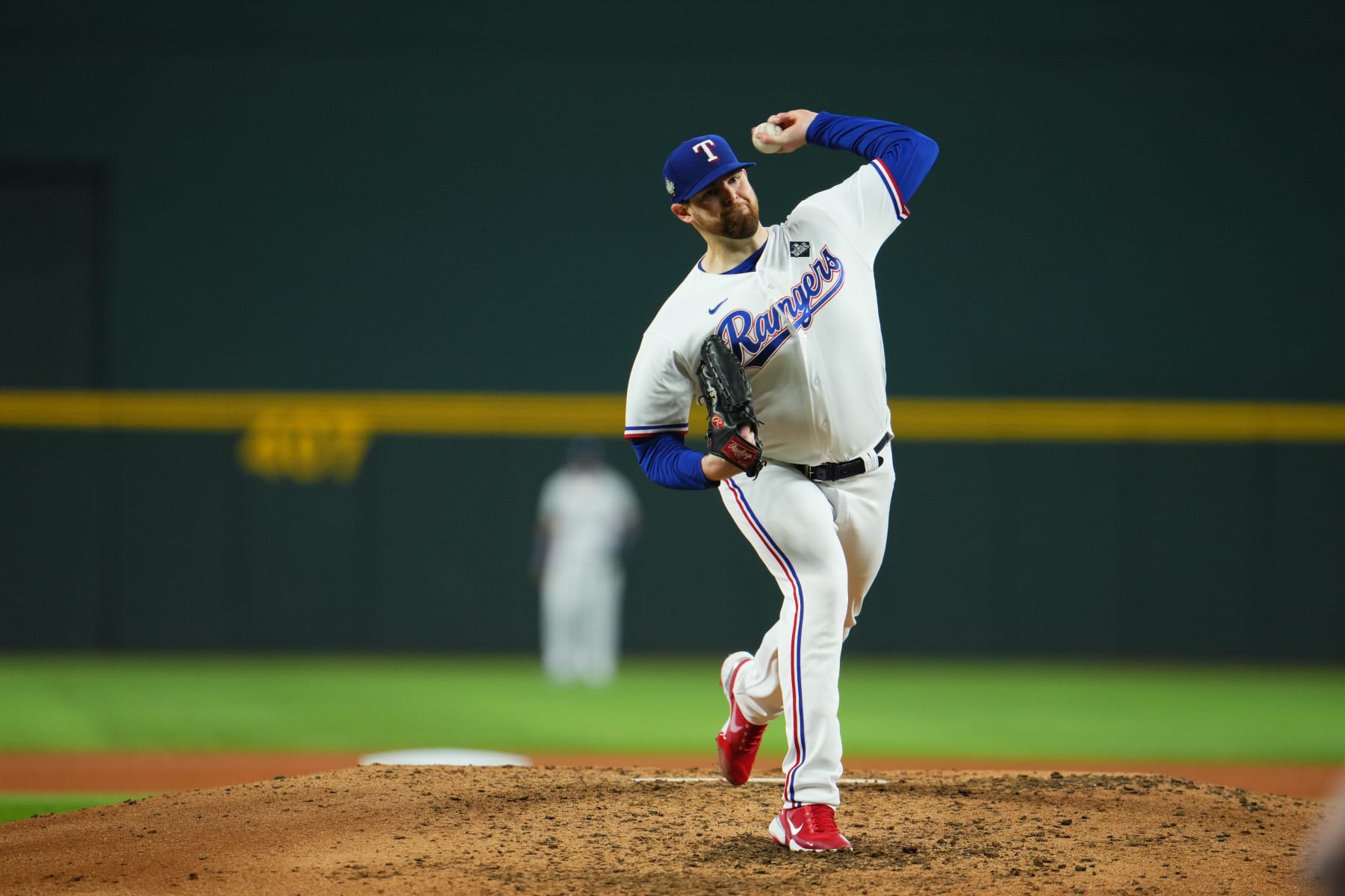 ARLINGTON, TX - OCTOBER 28: Jordan Montgomery #52 of the Texas Rangers pitches during Game 2 of the 2023 World Series between the Arizona Diamondbacks and the Texas Rangers at Globe Life Field on Saturday, October 28, 2023 in Arlington, Texas. (Photo by Cooper Neill/MLB Photos via Getty Images) ARLINGTON, TX - OCTOBER 28: Jordan Montgomery #52 of the Texas Rangers pitches during Game 2 of the 2023 World Series between the Arizona Diamondbacks and the Texas Rangers at Globe Life Field on Saturday, October 28, 2023 in Arlington, Texas. (Photo by Cooper Neill/MLB Photos via Getty Images)
