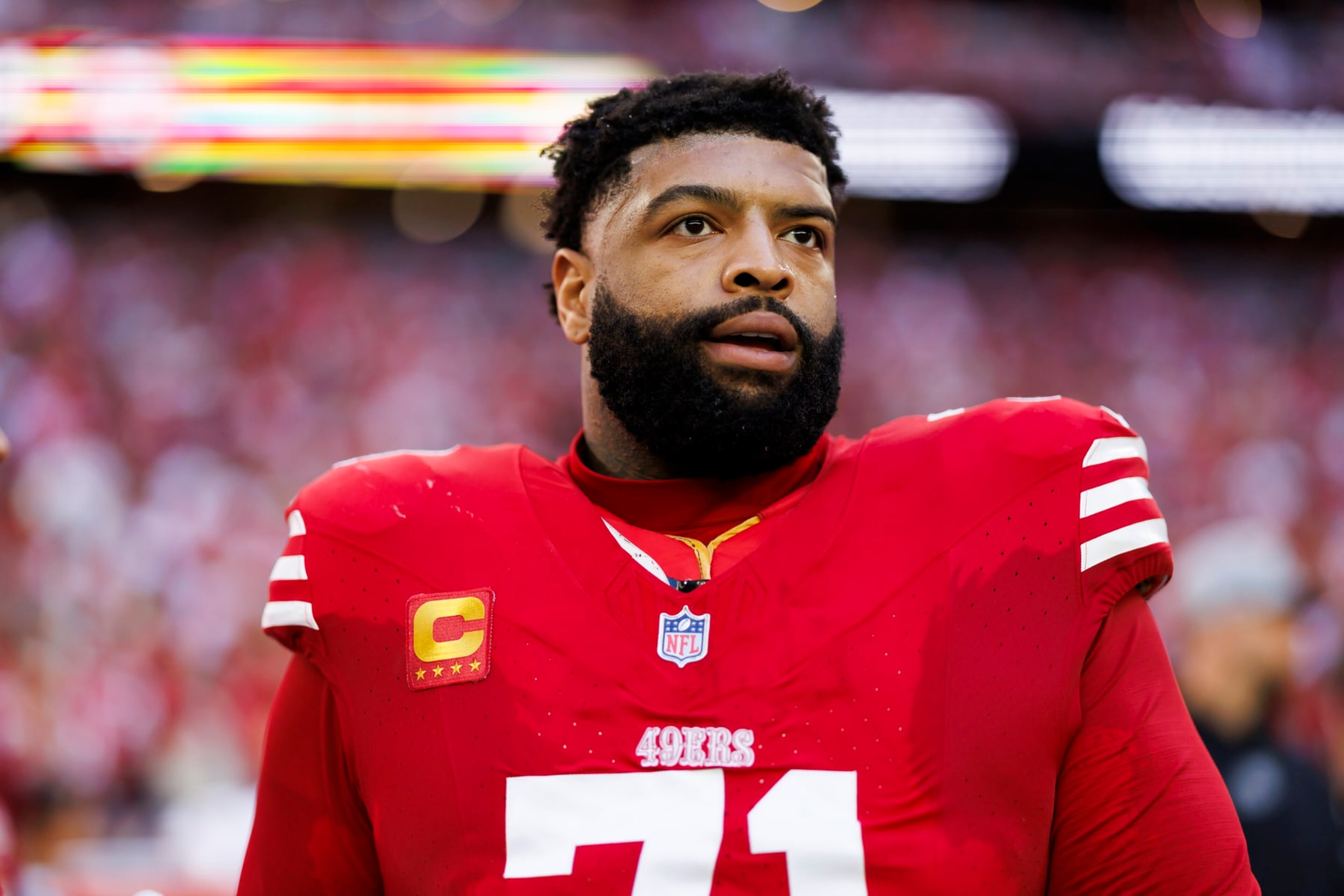 GLENDALE, ARIZONA - DECEMBER 17: Trent Williams #71 of the San Francisco 49ers looks on from the sideline before an NFL football game against the Arizona Cardinals at State Farm Stadium on December 17, 2023 in Glendale, Arizona. (Photo by Ryan Kang/Getty Images)