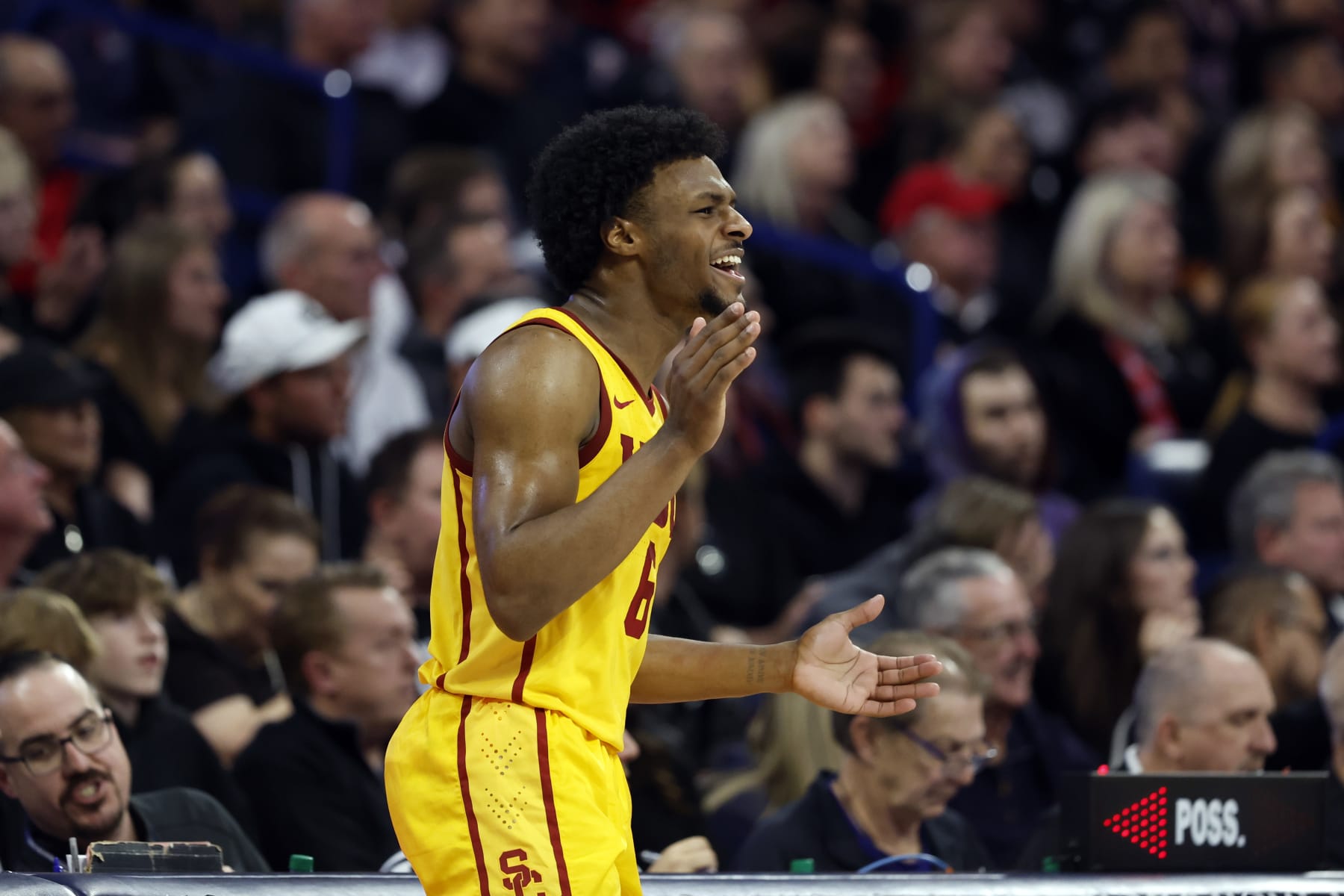 TUCSON, ARIZONA - JANUARY 17: Bronny James #6 of the USC Trojans reacts after a basket by DJ Rodman #10 against the Arizona Wildcats during the first half at McKale Center on January 17, 2024 in Tucson, Arizona. (Photo by Chris Coduto/Getty Images)