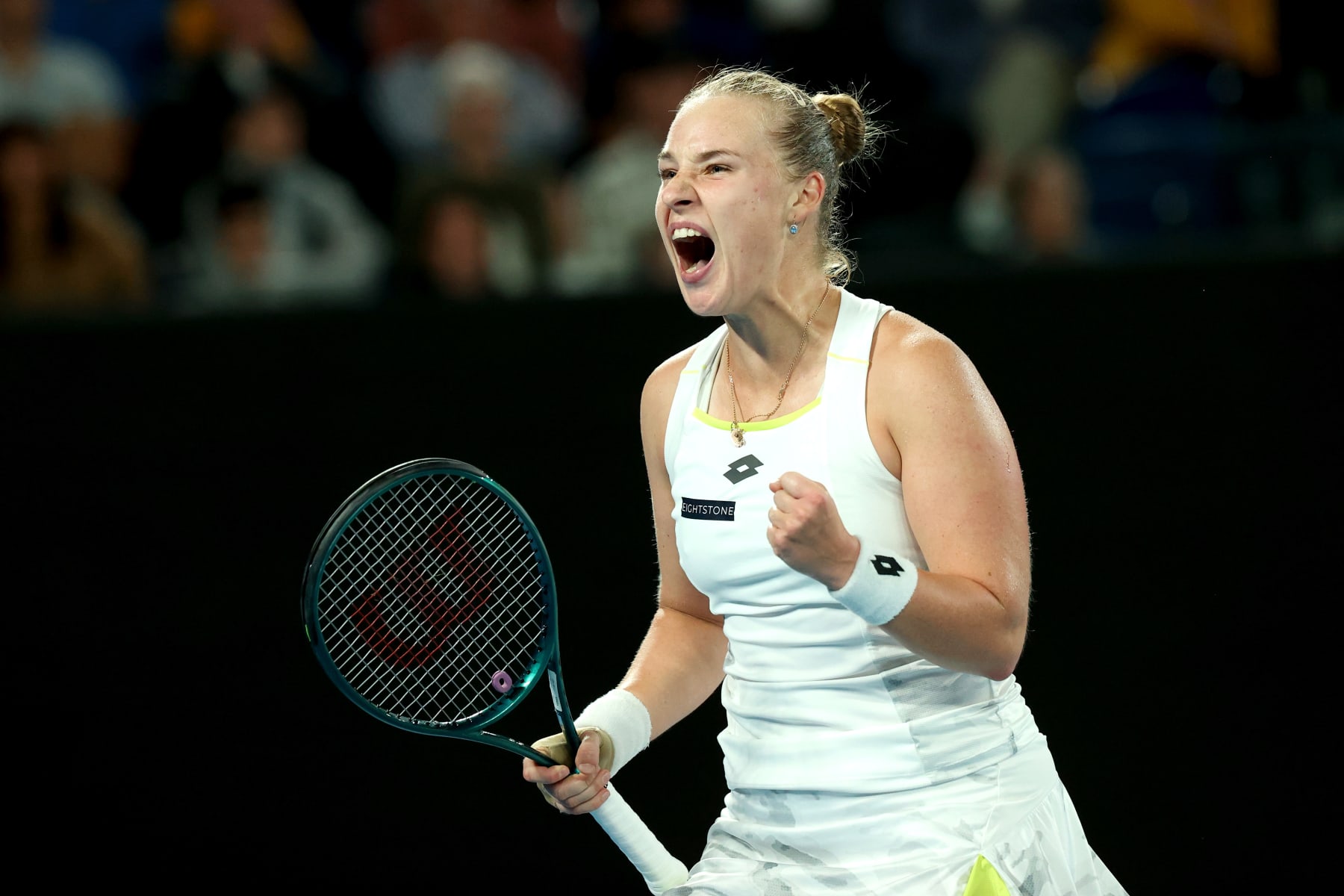 MELBOURNE, AUSTRALIA - JANUARY 18: Anna Blinkova celebrates a point in their round two singles match against Elena Rybakina of Kazakhstan during the 2024 Australian Open at Melbourne Park on January 18, 2024 in Melbourne, Australia. (Photo by Kelly Defina/Getty Images)