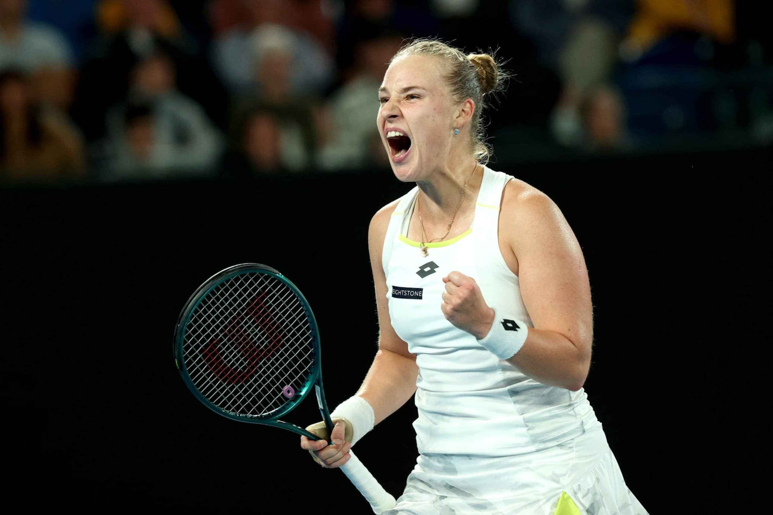 MELBOURNE, AUSTRALIA - JANUARY 18: Anna Blinkova celebrates a point in their round two singles match against Elena Rybakina of Kazakhstan during the 2024 Australian Open at Melbourne Park on January 18, 2024 in Melbourne, Australia. (Photo by Kelly Defina/Getty Images)