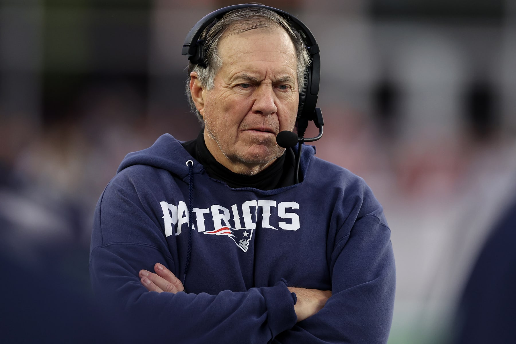 FOXBOROUGH, MASSACHUSETTS - DECEMBER 17: New England Patriots head coach Bill Belichick looks on from the sideline during the game against the Kansas City Chiefs at Gillette Stadium on December 17, 2023 in Foxborough, Massachusetts. (Photo by Maddie Meyer/Getty Images)