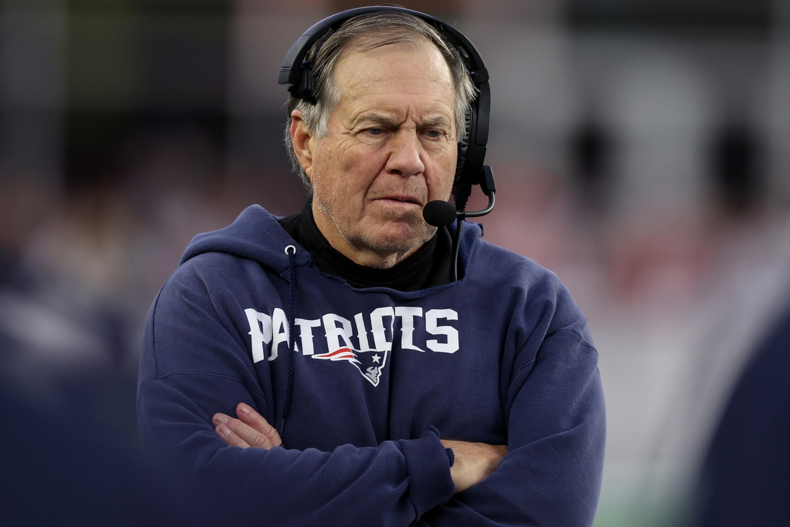 FOXBOROUGH, MASSACHUSETTS - DECEMBER 17: New England Patriots head coach Bill Belichick looks on from the sideline during the game against the Kansas City Chiefs at Gillette Stadium on December 17, 2023 in Foxborough, Massachusetts. (Photo by Maddie Meyer/Getty Images)