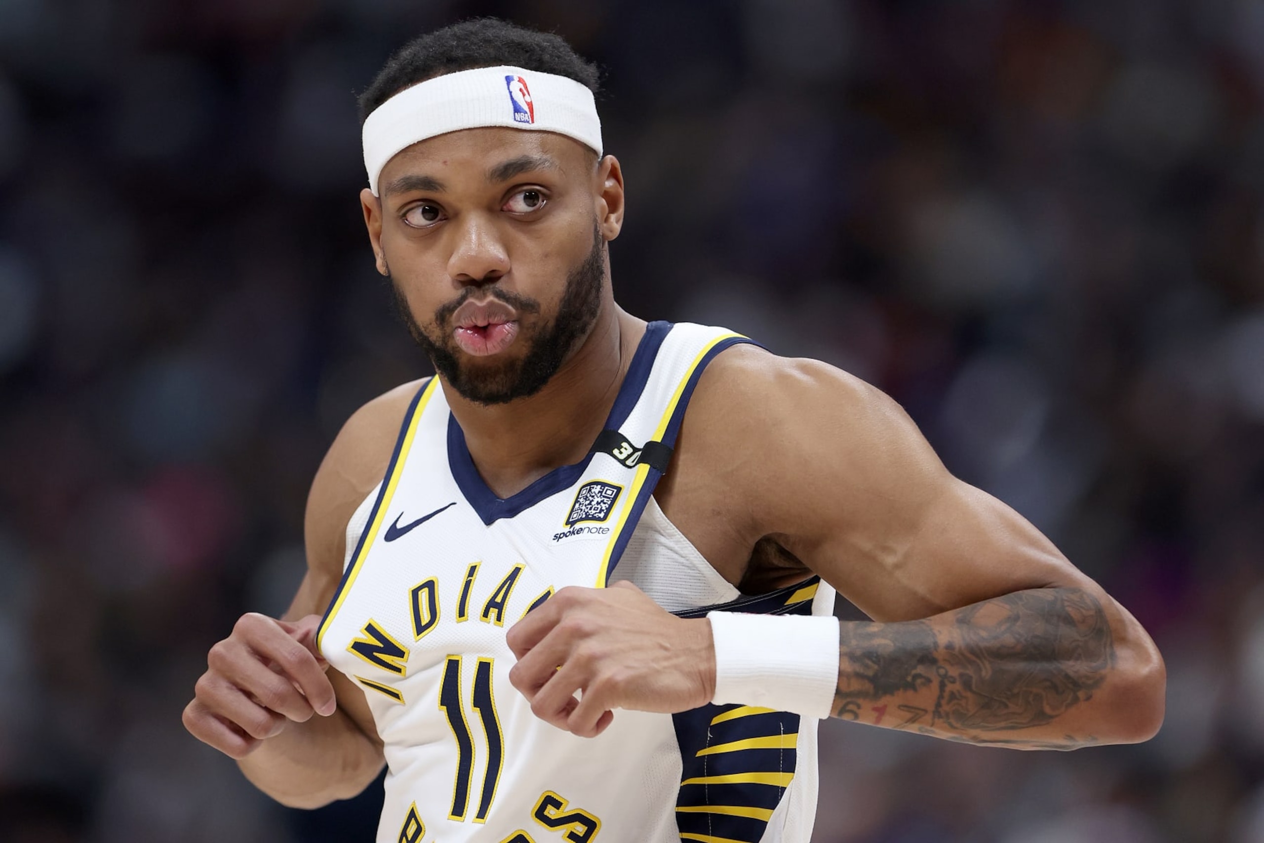 DENVER, COLORADO - JANUARY 14: Bruce Brown #11 of the Indiana Pacers plays the Denver Nuggets in the first quarter at Ball Arena on January 14, 2024 in Denver, Colorado. NOTE TO USER: User expressly acknowledges and agrees that, by downloading and or using this photograph, User is consenting to the terms and conditions of the Getty Images License Agreement.  (Photo by Matthew Stockman/Getty Images)